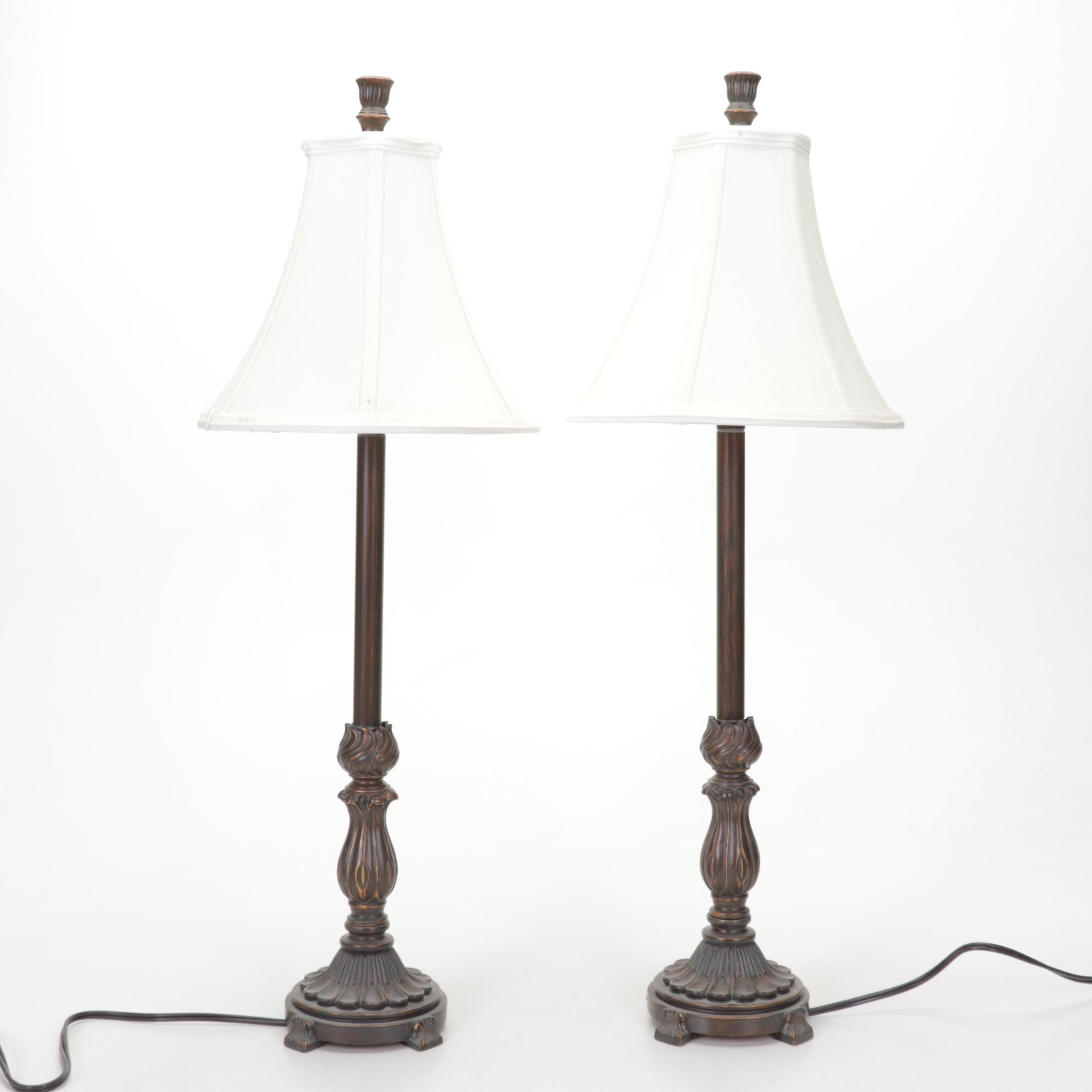 Pair of Bronzed Composite Candlestick Console Lamps With Carved Buddha Head