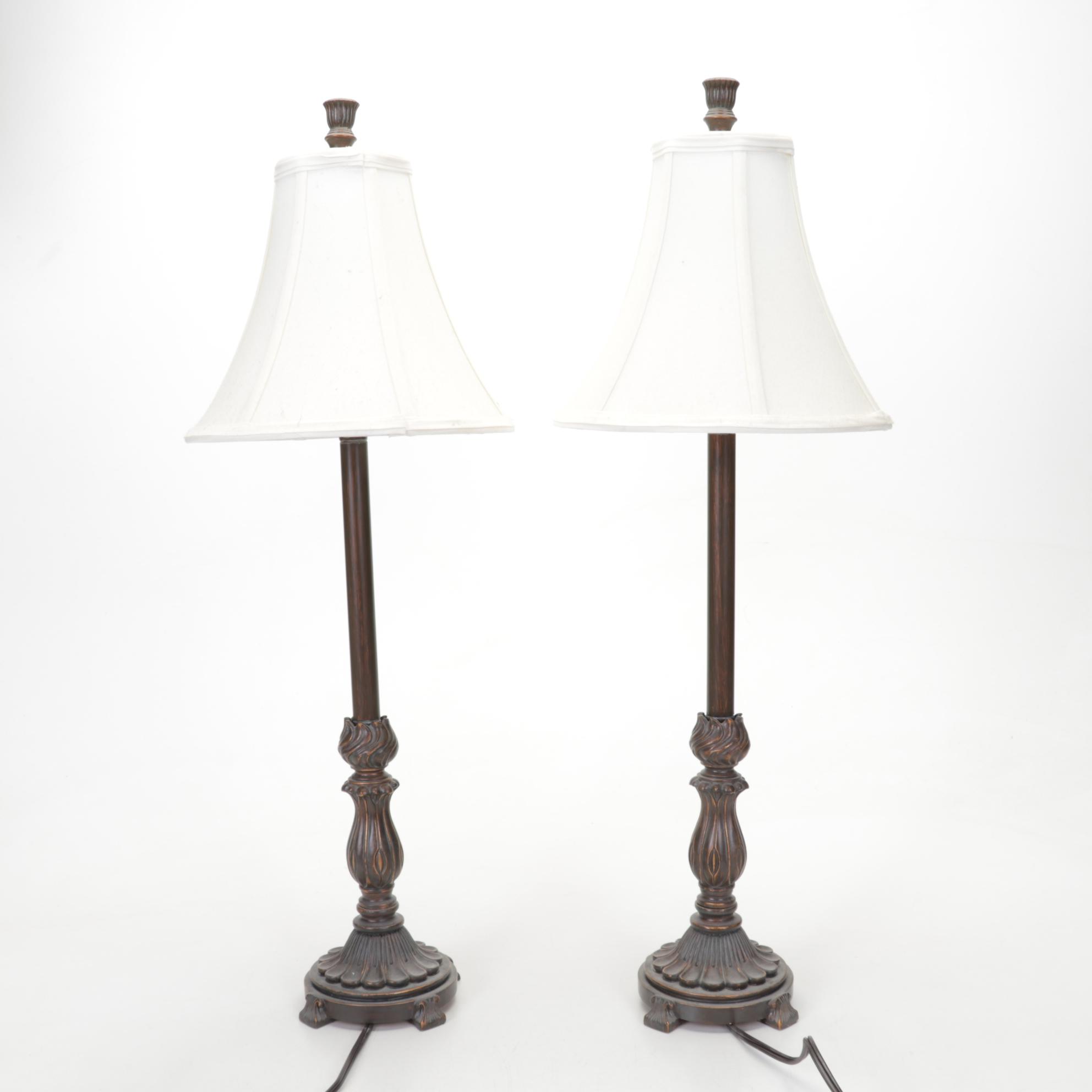 Pair of Bronzed Composite Candlestick Console Lamps With Carved Buddha Head