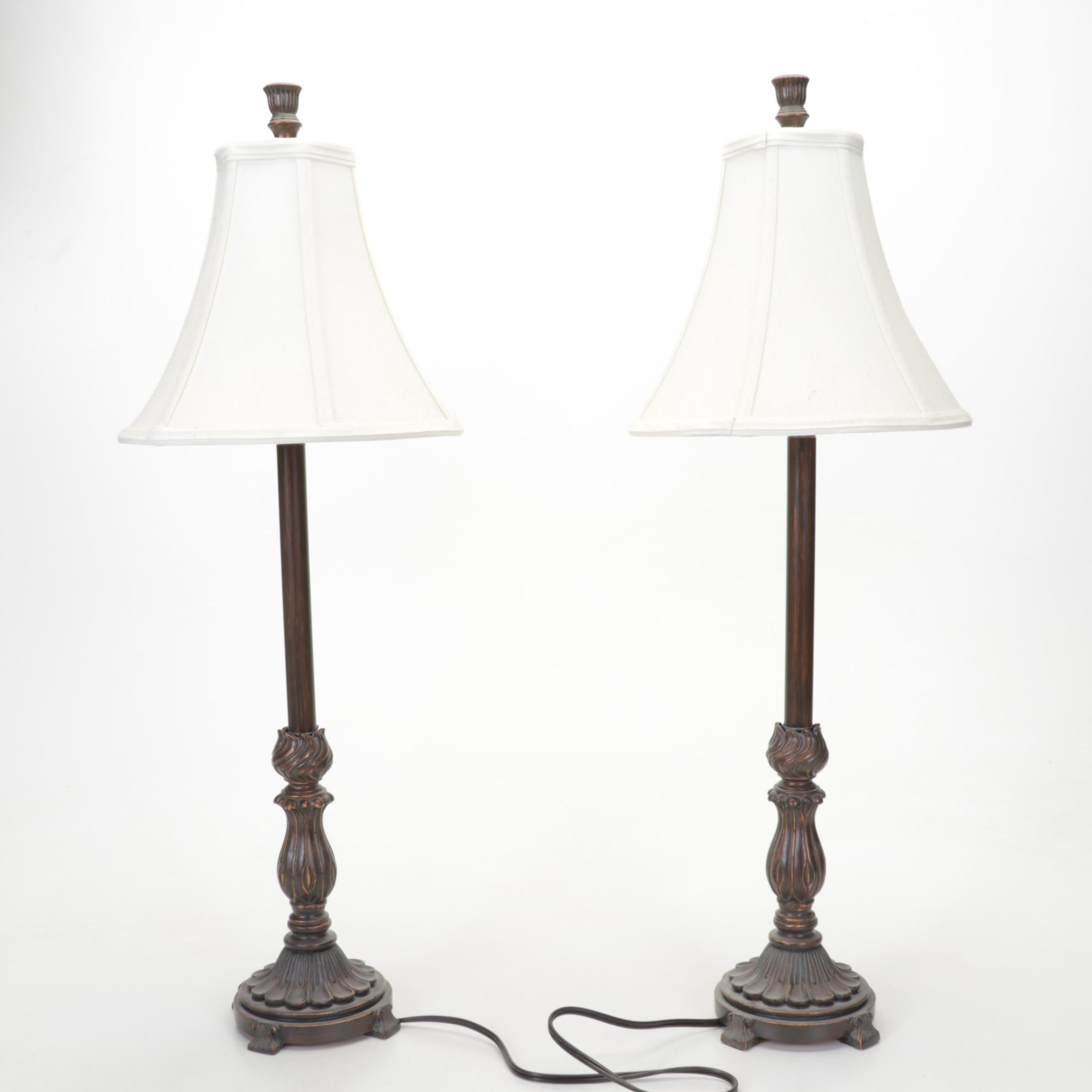 Pair of Bronzed Composite Candlestick Console Lamps With Carved Buddha Head