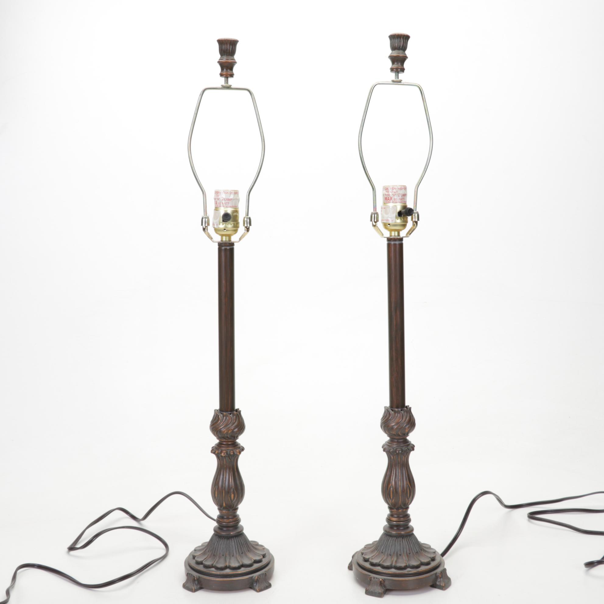 Pair of Bronzed Composite Candlestick Console Lamps With Carved Buddha Head