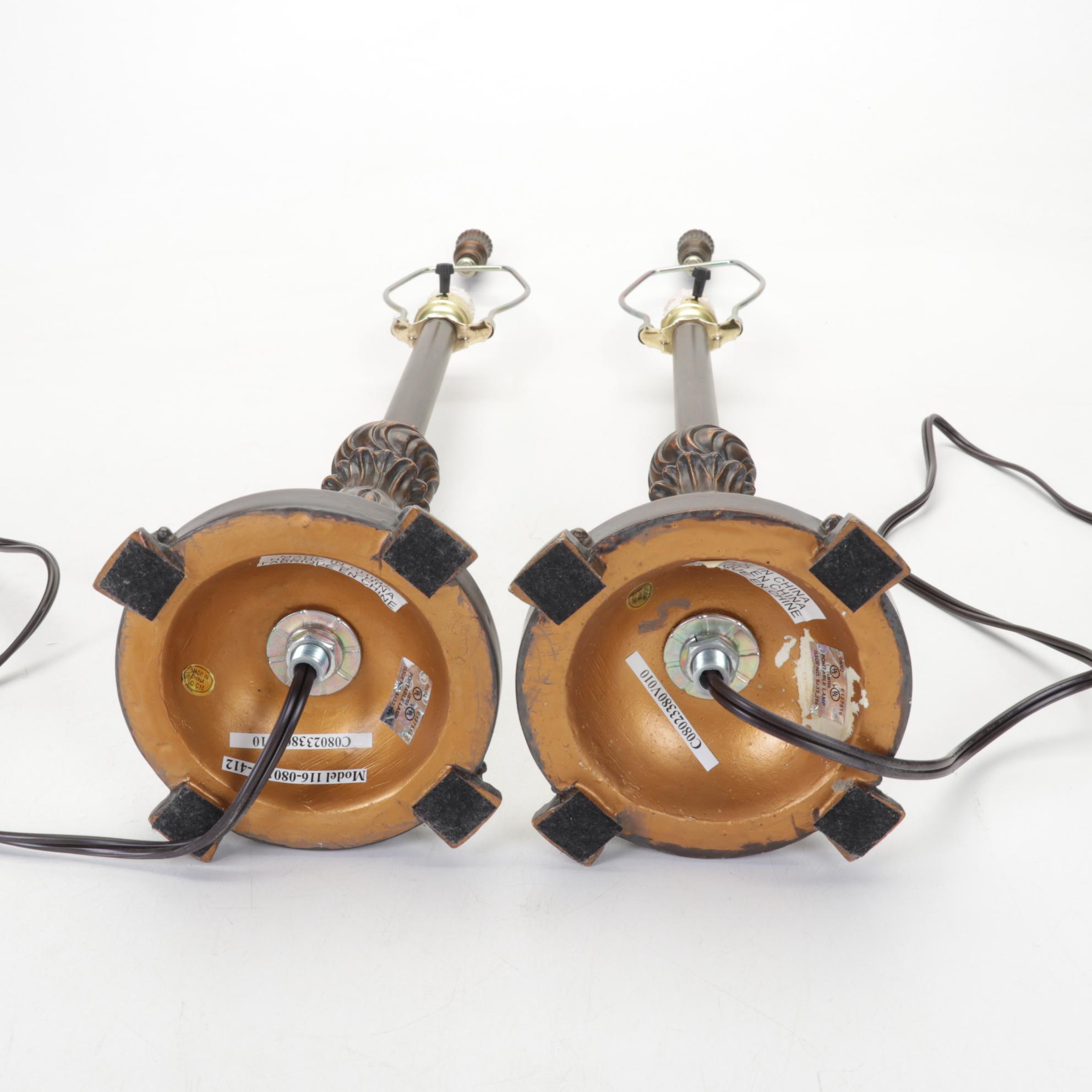 Pair of Bronzed Composite Candlestick Console Lamps With Carved Buddha Head