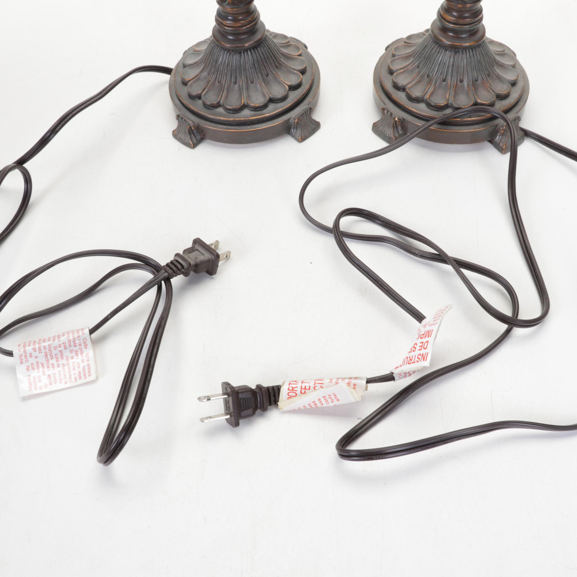 Pair of Bronzed Composite Candlestick Console Lamps With Carved Buddha Head