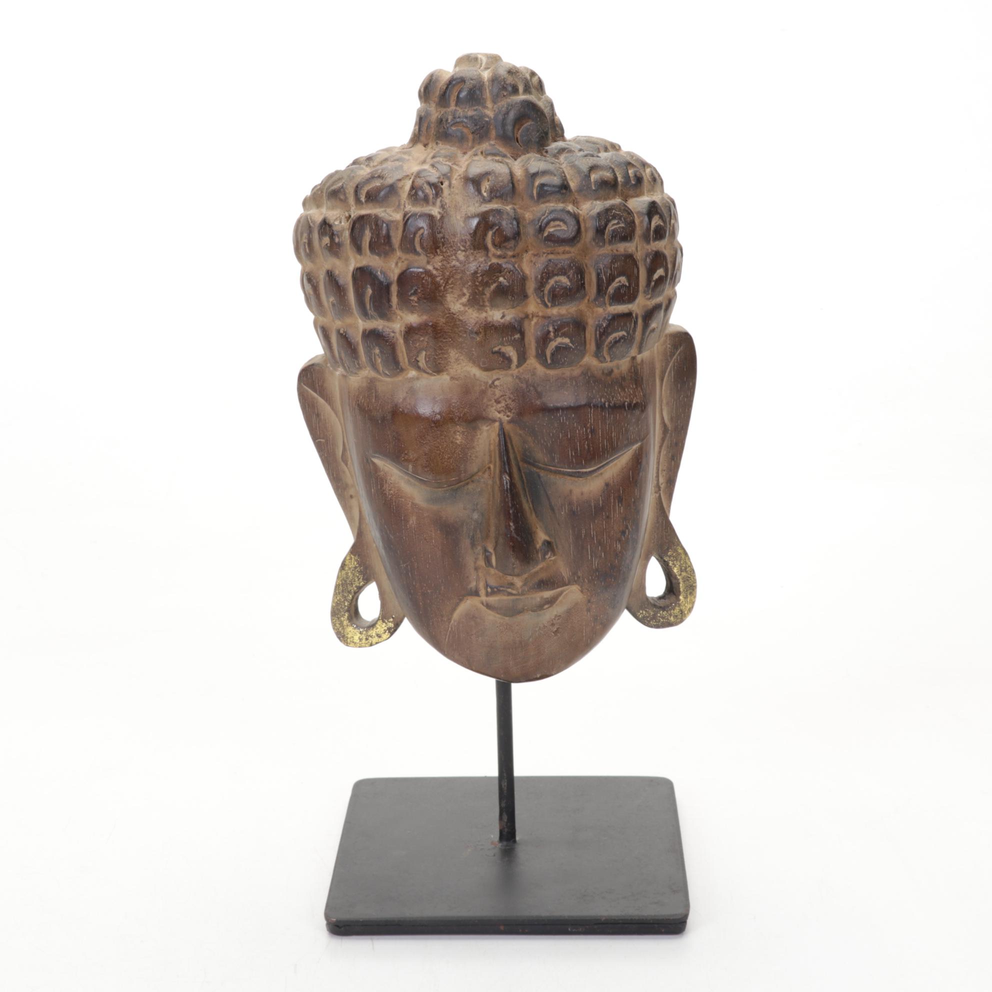 Pair of Bronzed Composite Candlestick Console Lamps With Carved Buddha Head