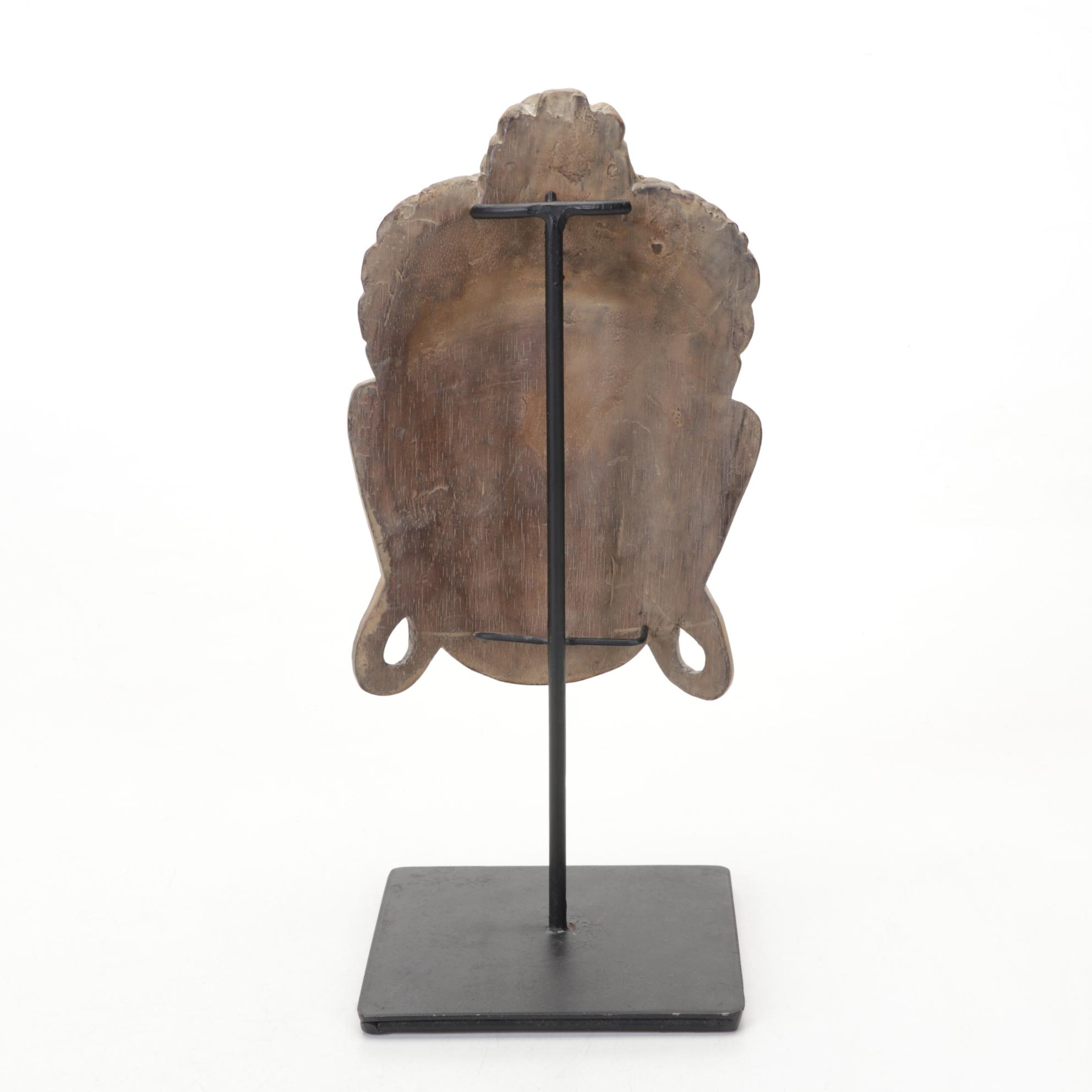 Pair of Bronzed Composite Candlestick Console Lamps With Carved Buddha Head