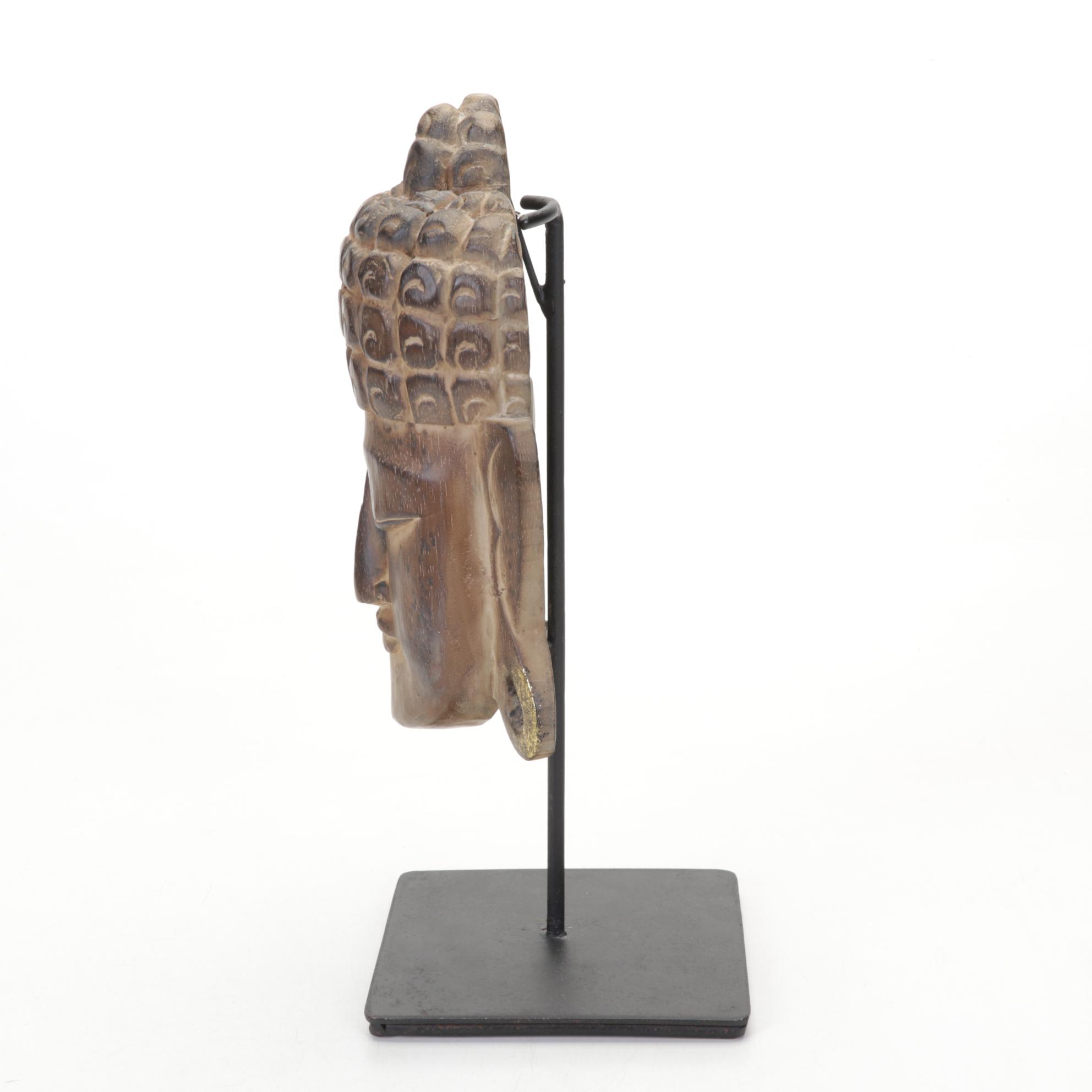 Pair of Bronzed Composite Candlestick Console Lamps With Carved Buddha Head