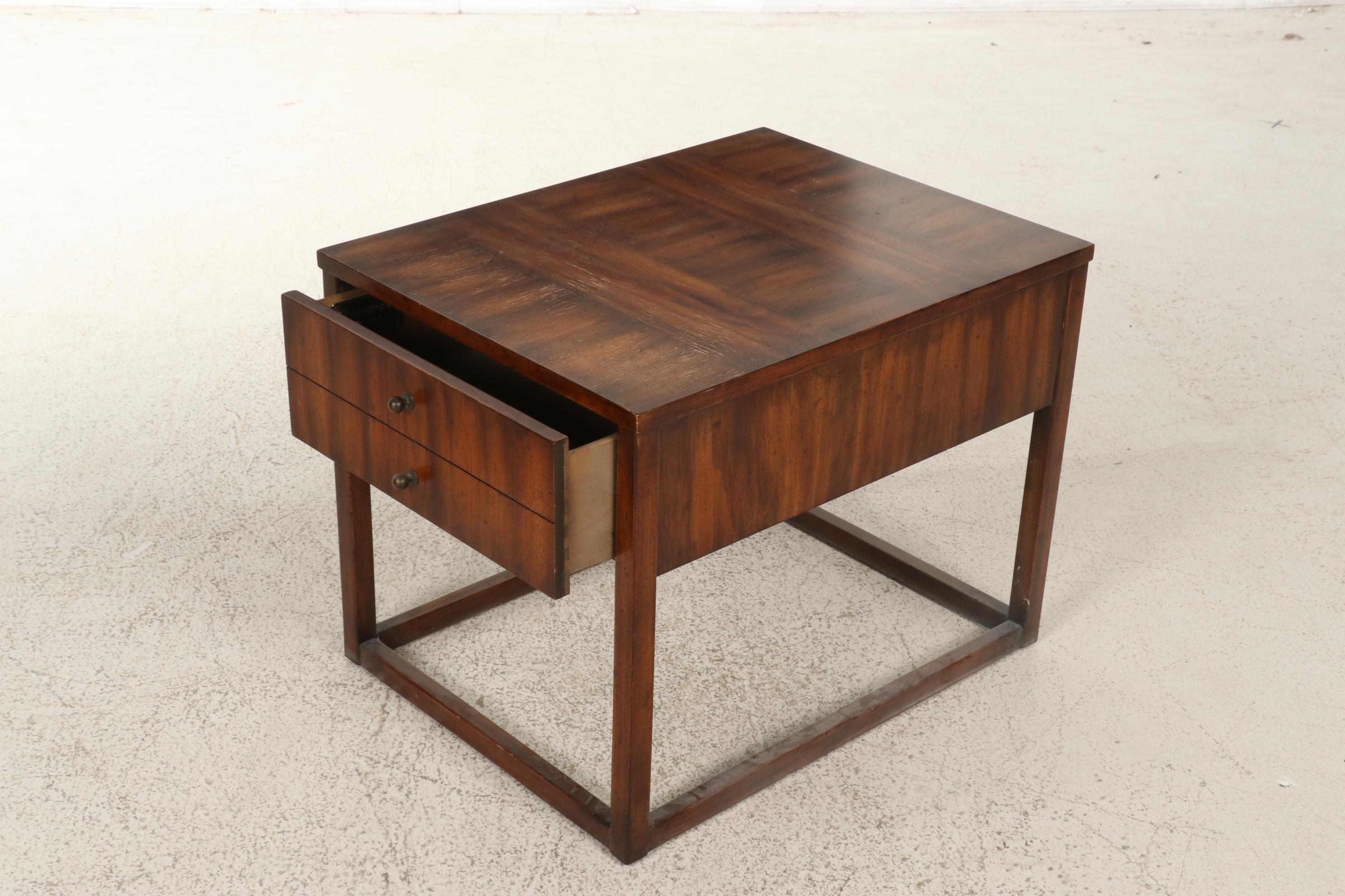 Wellington Hall Walnut-Finish Side Table with Pair of Poufs
