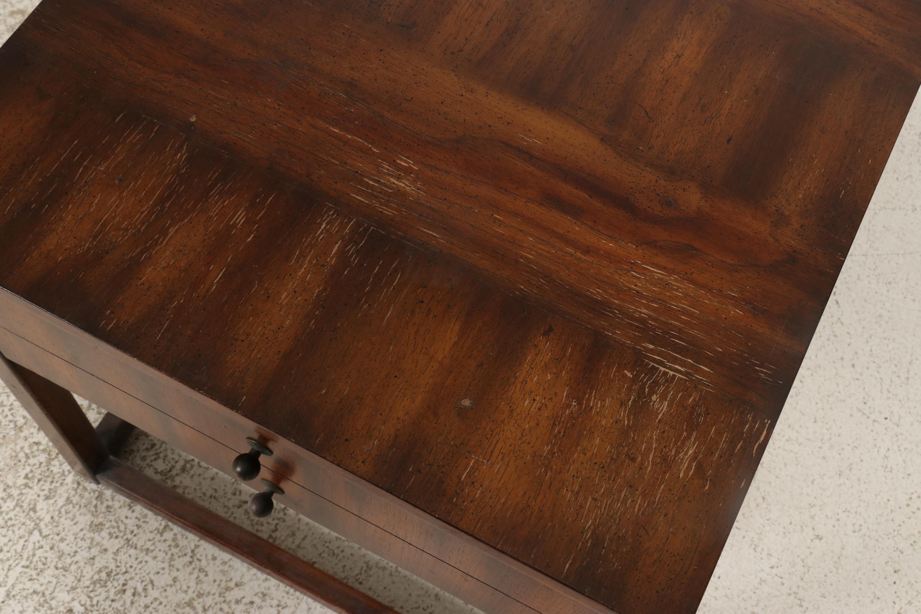 Wellington Hall Walnut-Finish Side Table with Pair of Poufs