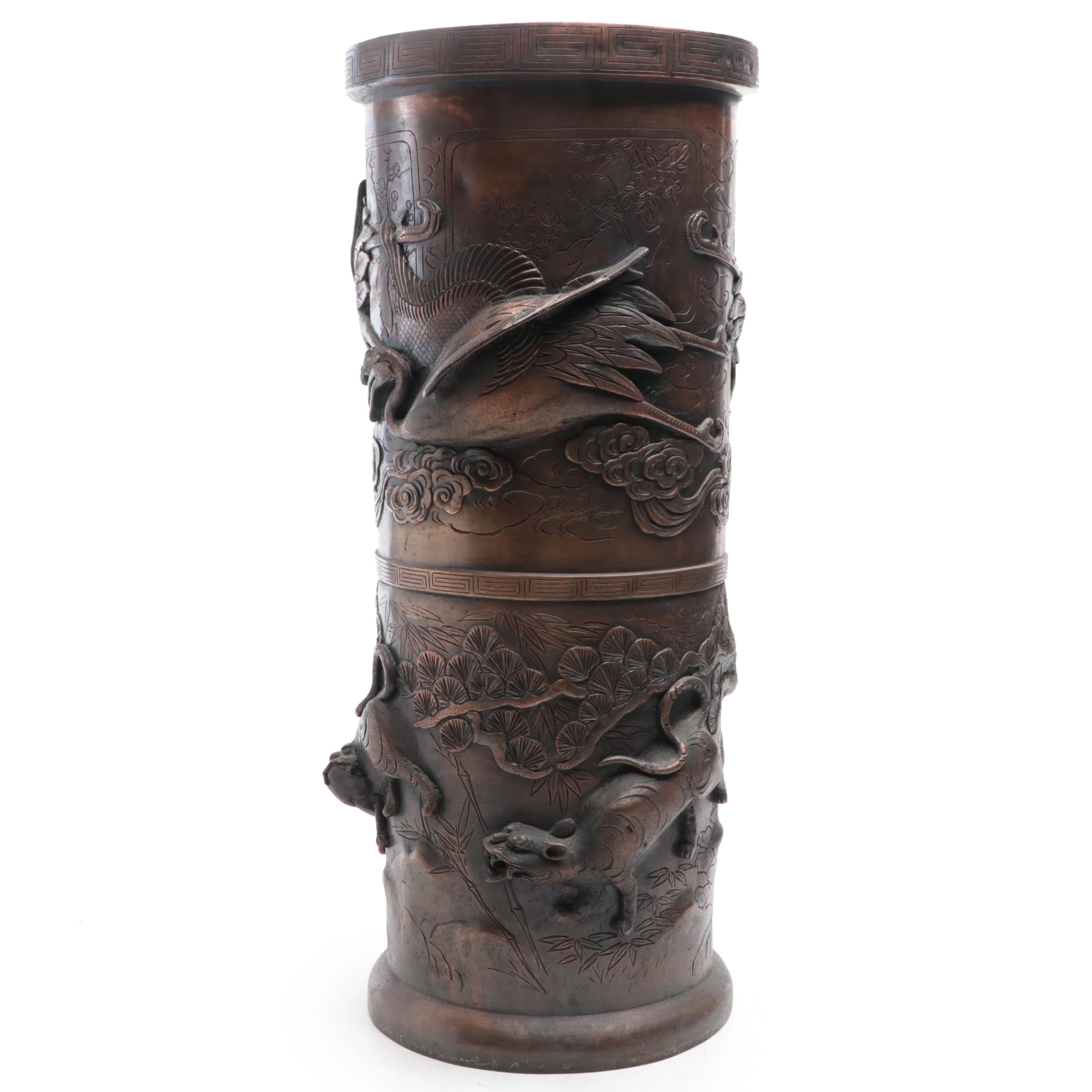 Japanese Cast Bronze Crane and Tiger Umbrella Stand, Early 20th Century