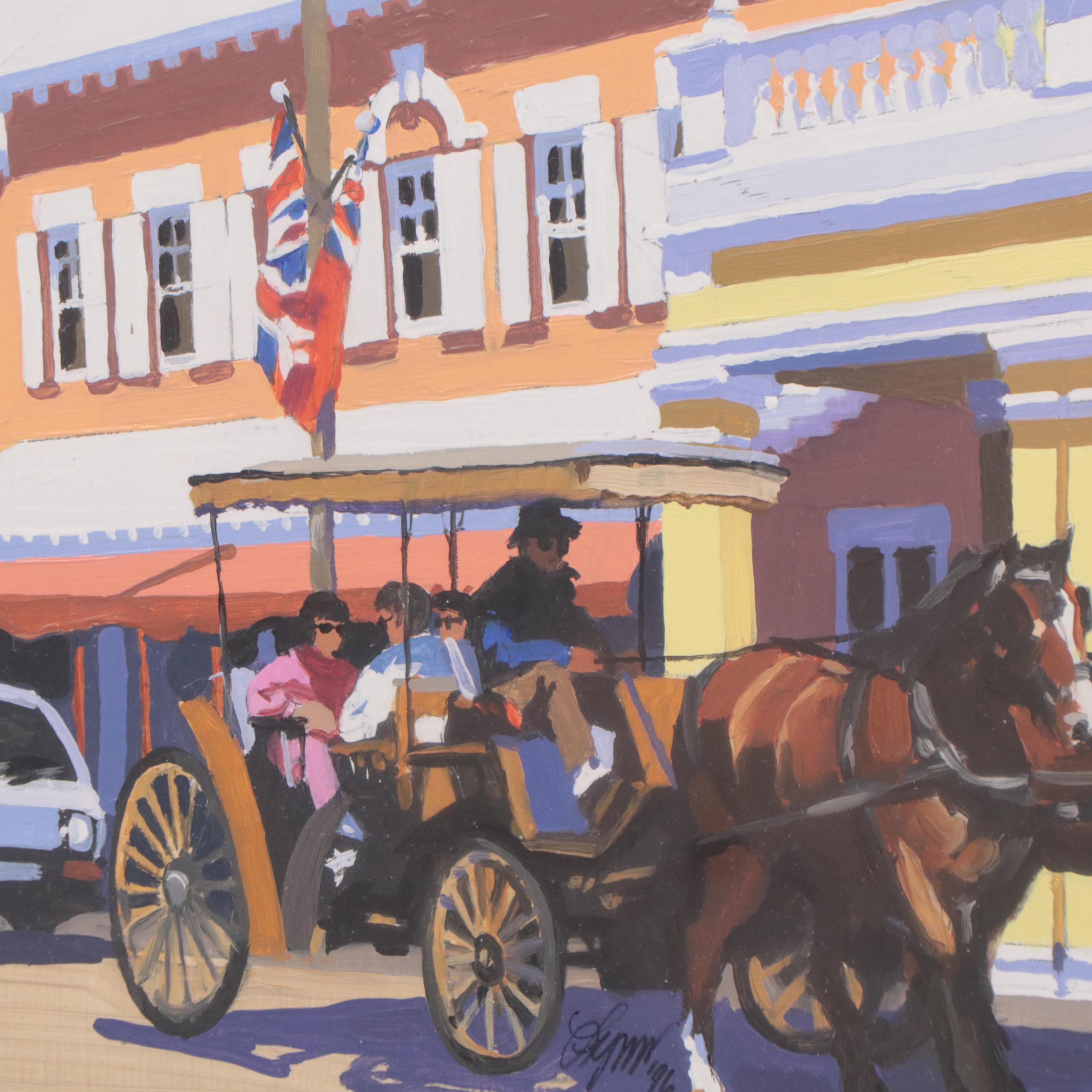 Acrylic Painting of Figures In Horse Drawn Carriage, 1996