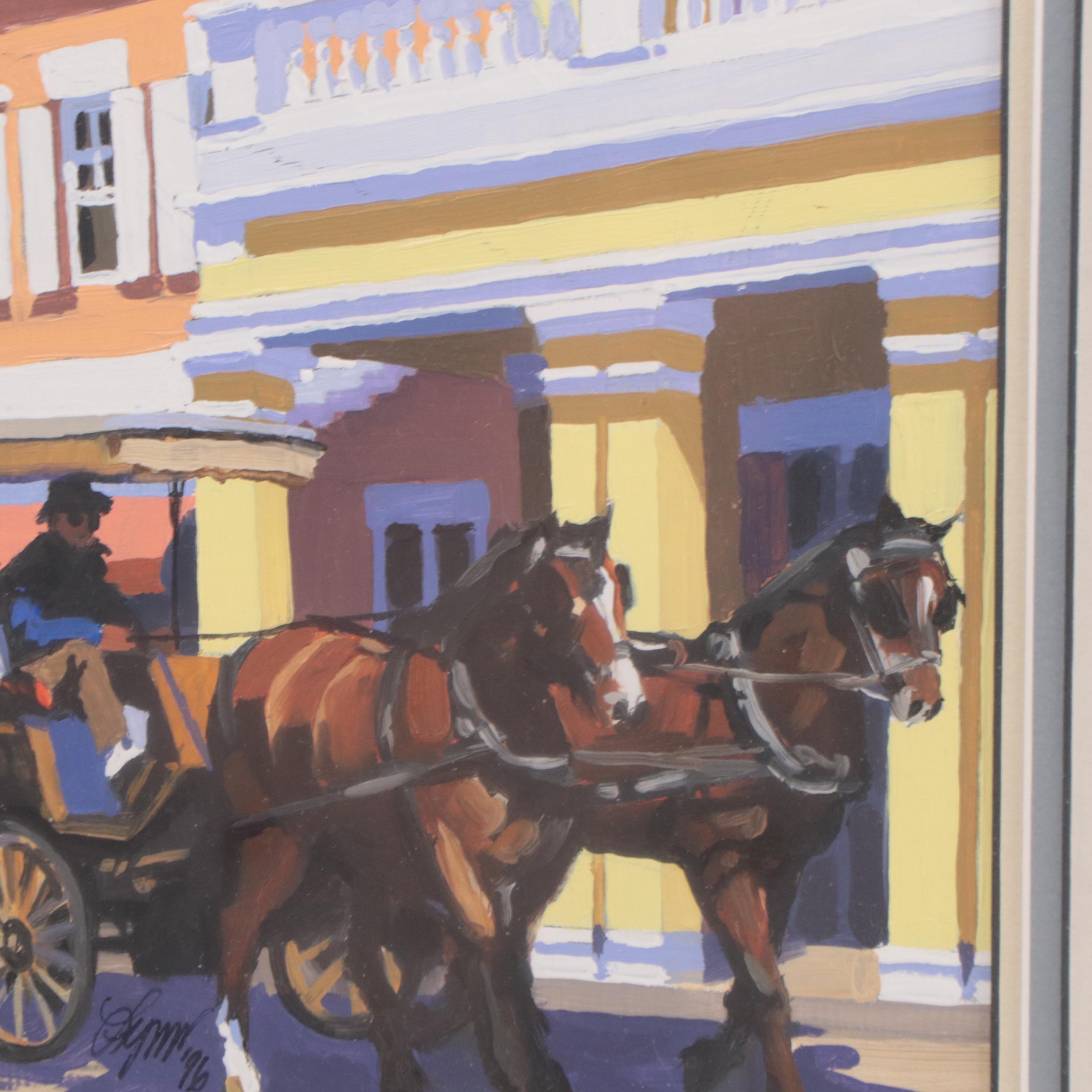 Acrylic Painting of Figures In Horse Drawn Carriage, 1996