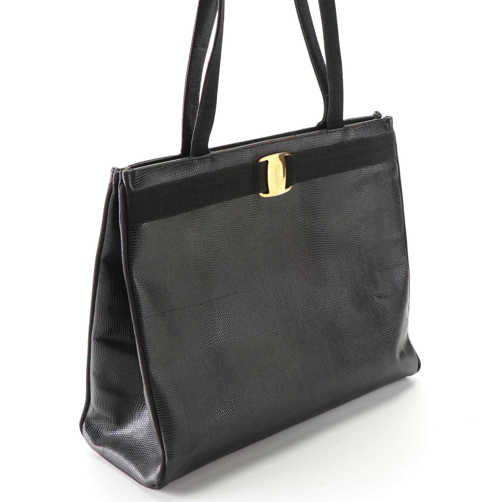 Salvatore Ferragamo Vara Shoulder Tote in Black Lizard Embossed Leather