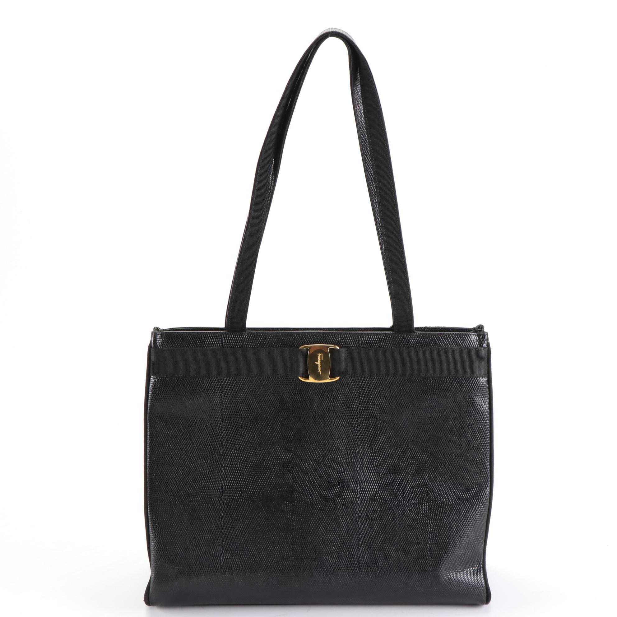 Salvatore Ferragamo Vara Shoulder Tote in Black Lizard Embossed Leather