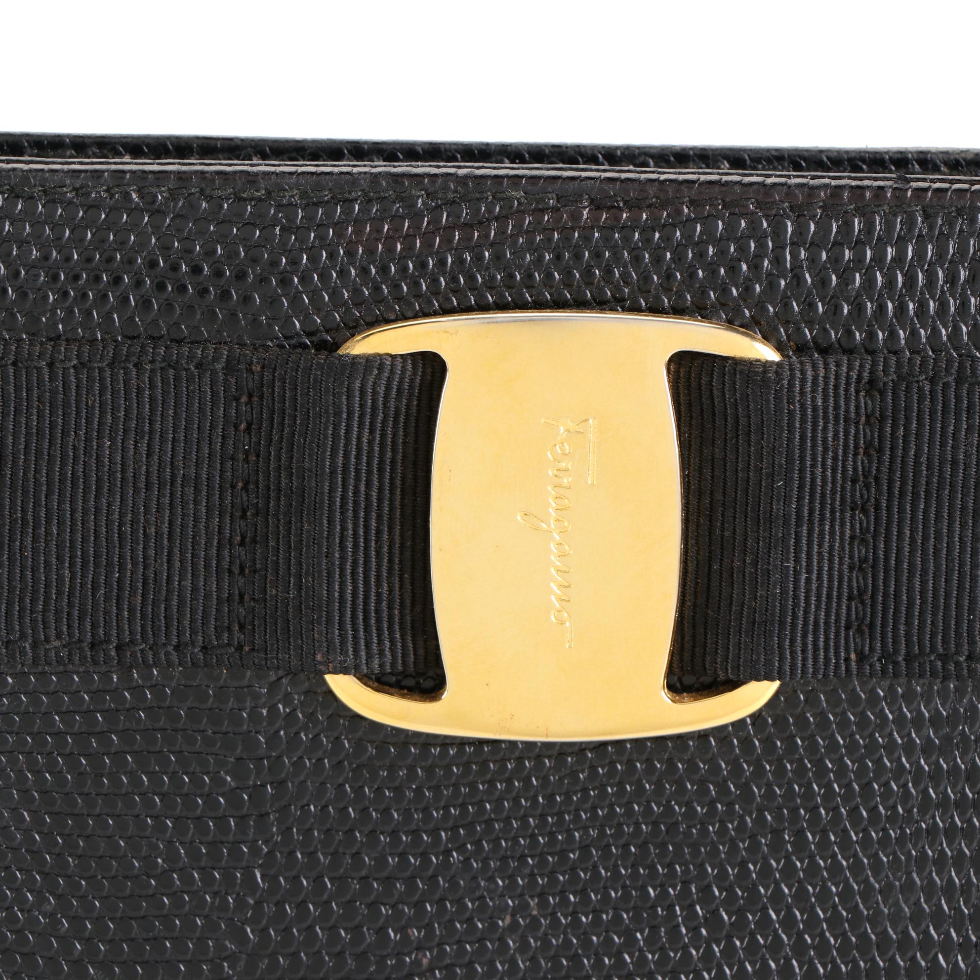 Salvatore Ferragamo Vara Shoulder Tote in Black Lizard Embossed Leather
