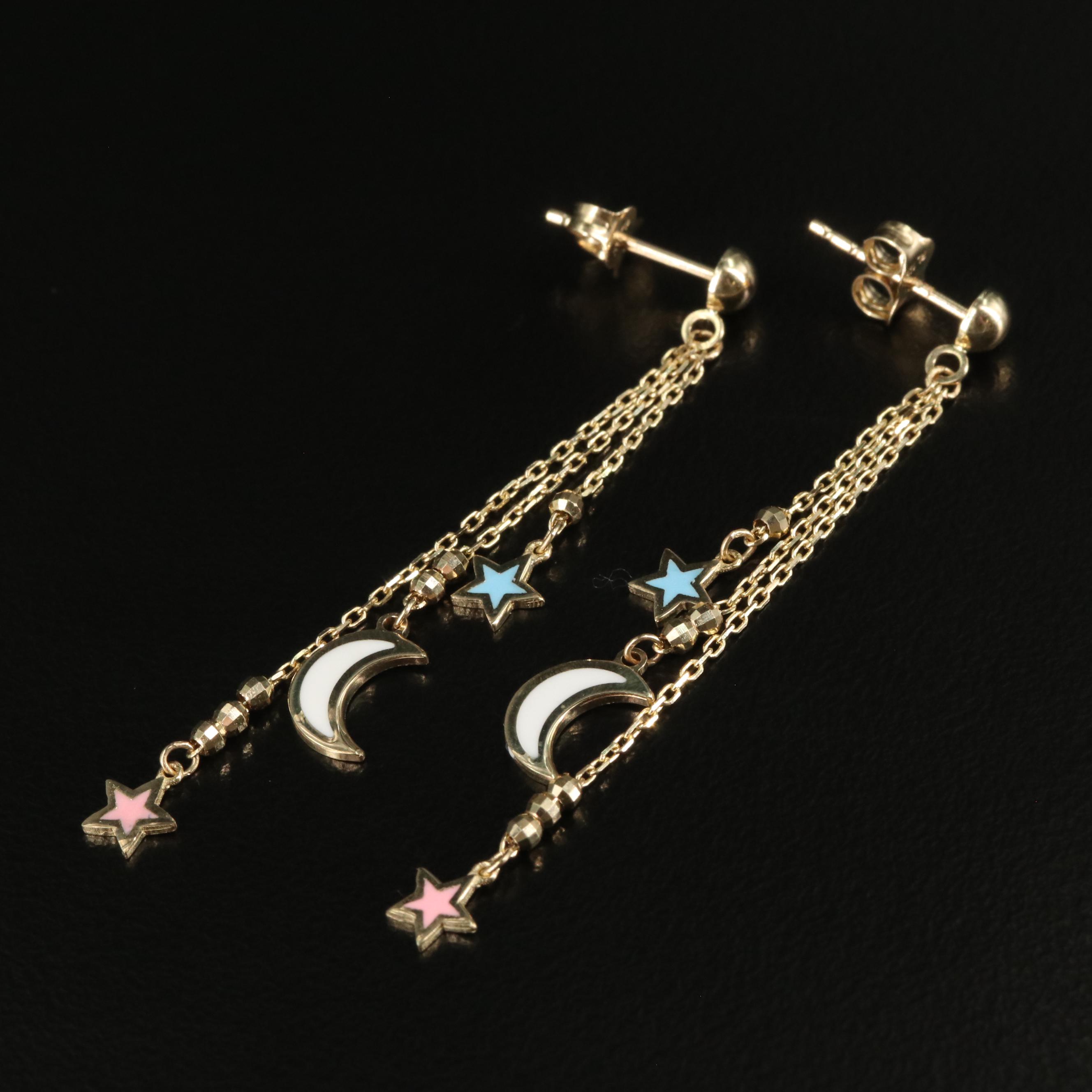 14K Colored Stars and Half Moon Dangle Earrings