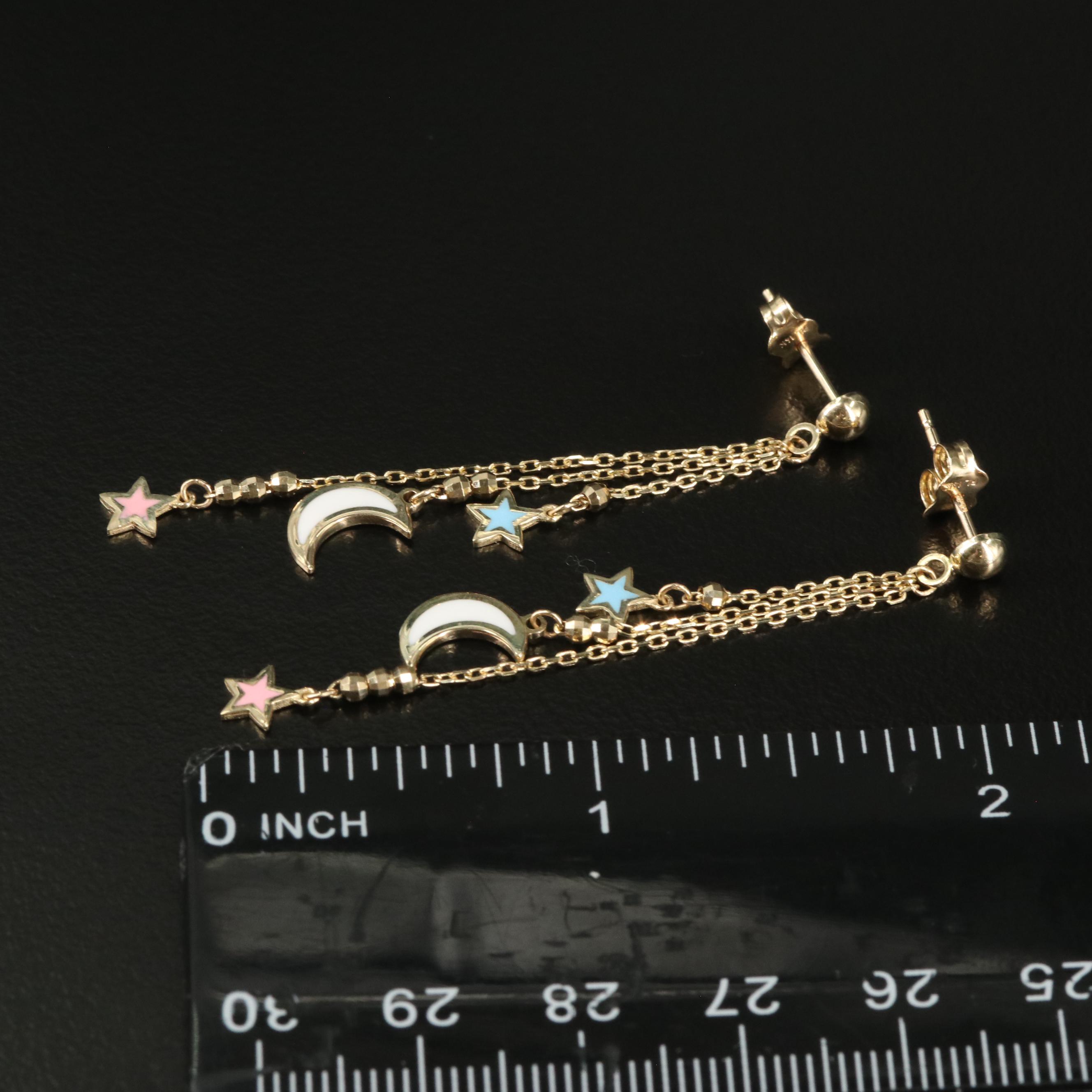 14K Colored Stars and Half Moon Dangle Earrings