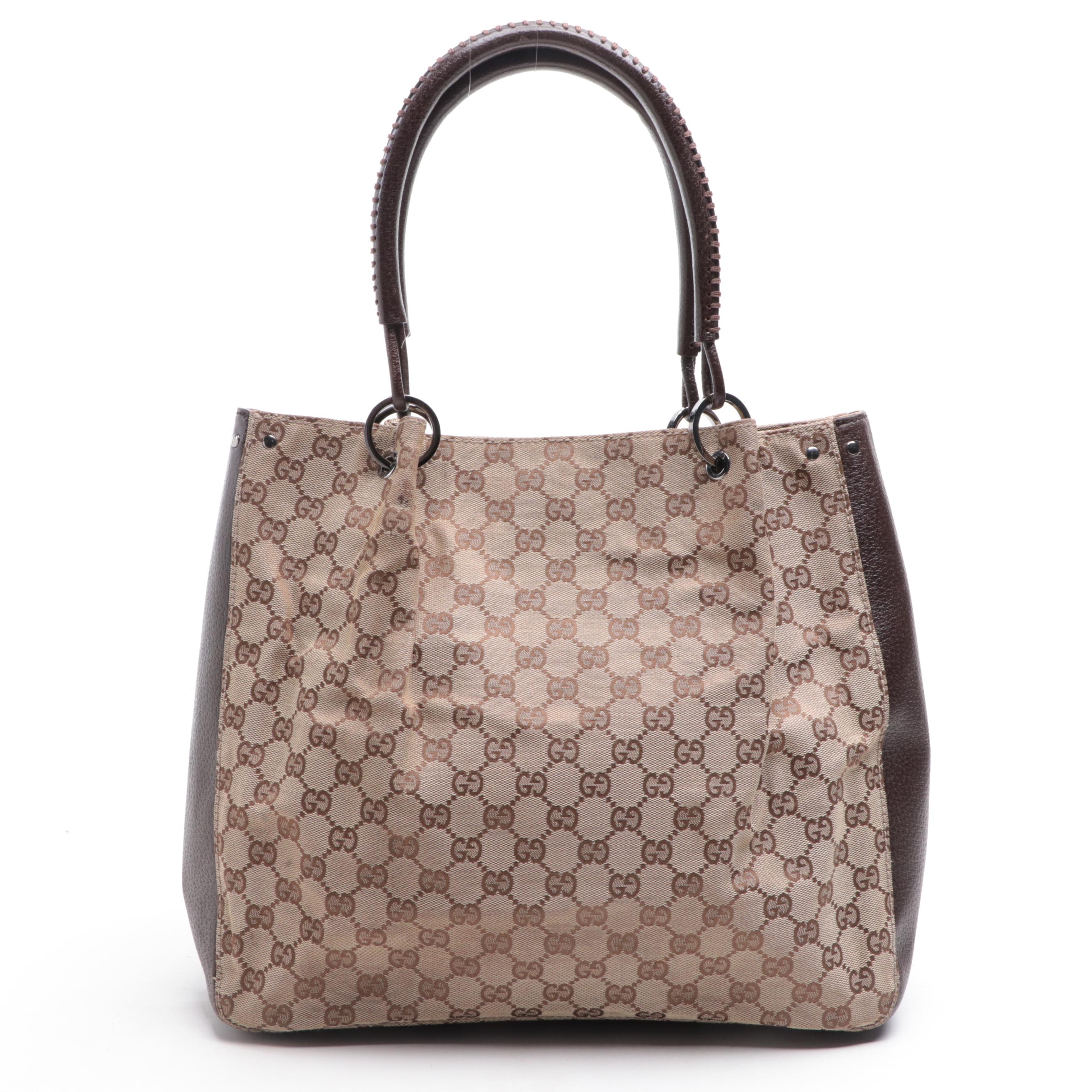 Gucci Tote Bag in GG Canvas and Brown Cinghiale Leather