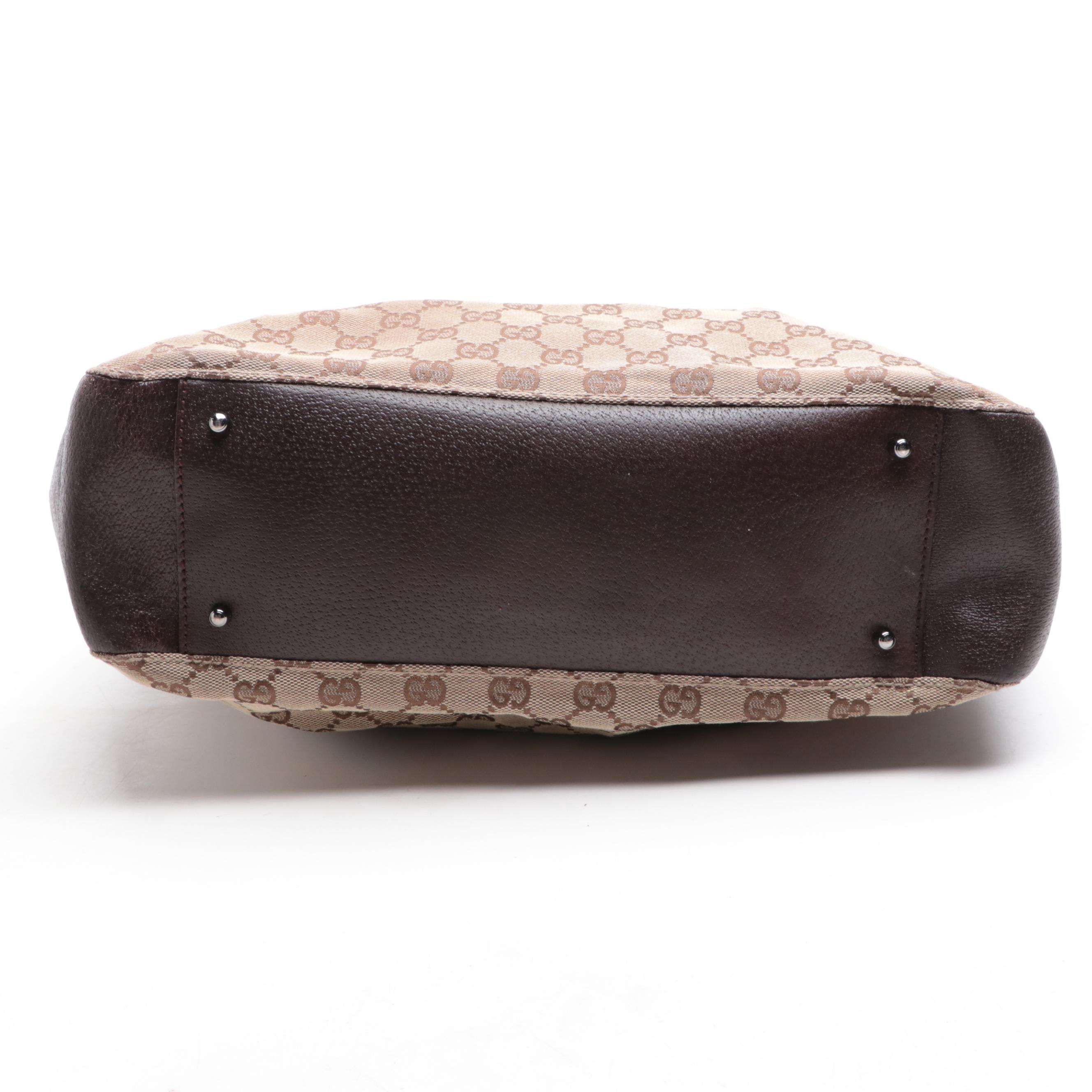 Gucci Tote Bag in GG Canvas and Brown Cinghiale Leather