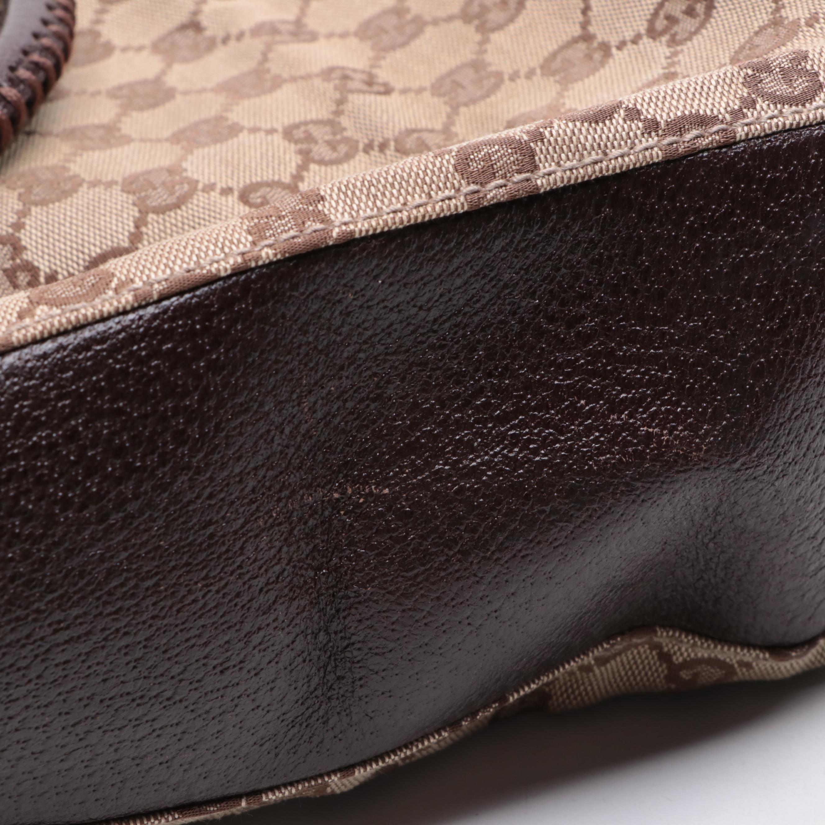 Gucci Tote Bag in GG Canvas and Brown Cinghiale Leather