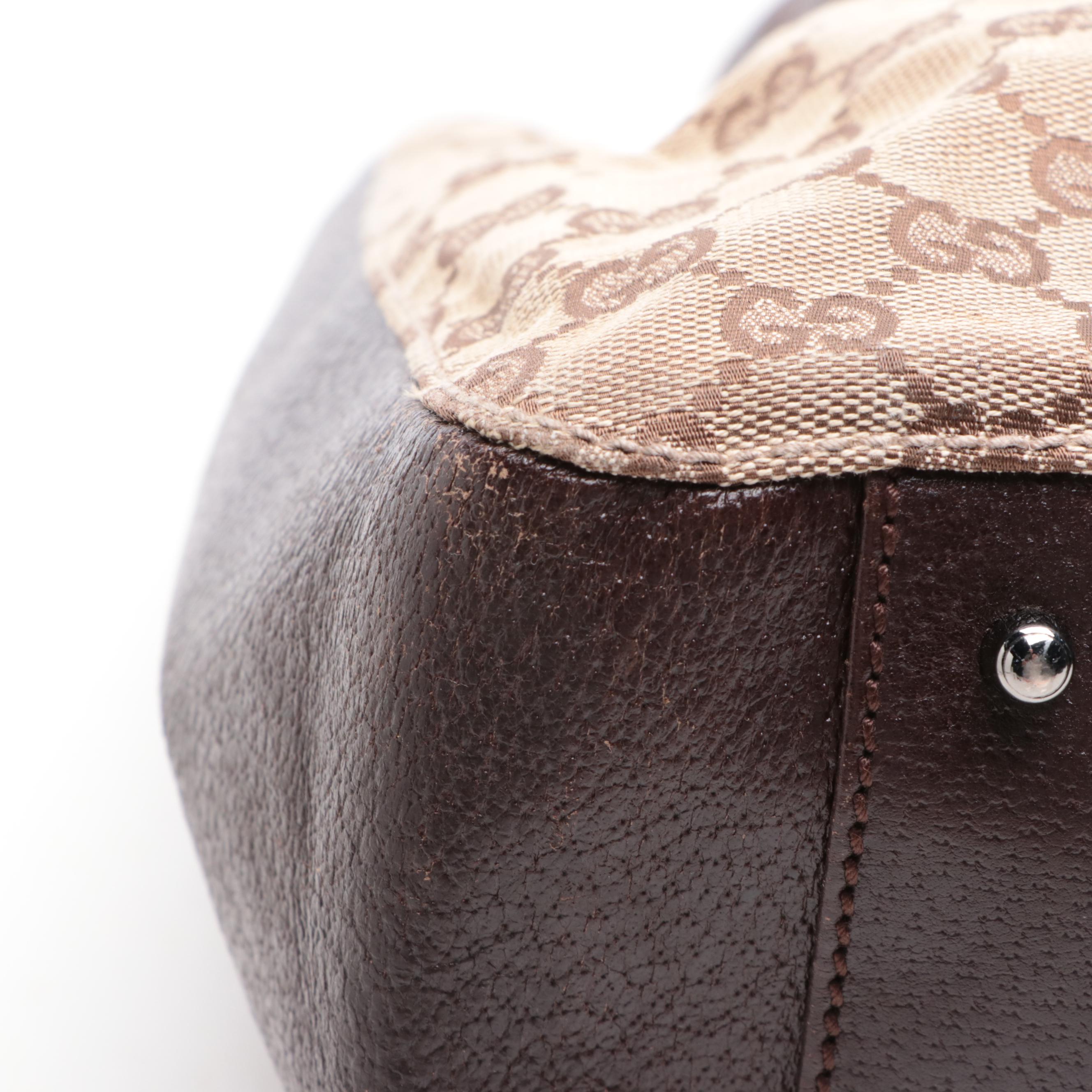 Gucci Tote Bag in GG Canvas and Brown Cinghiale Leather