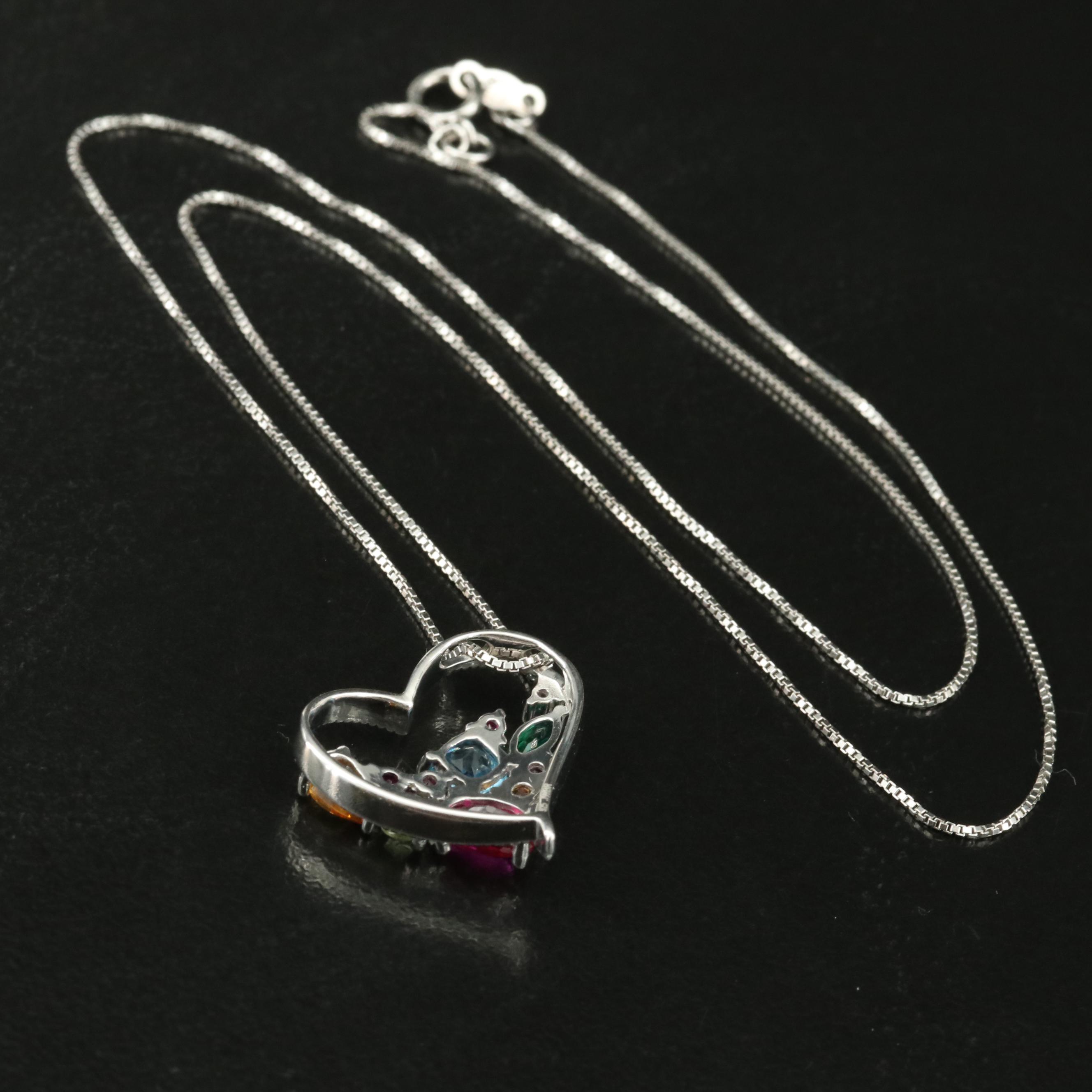 Sterling Ruby, Topaz and Gemstone Heart Pendant Necklace