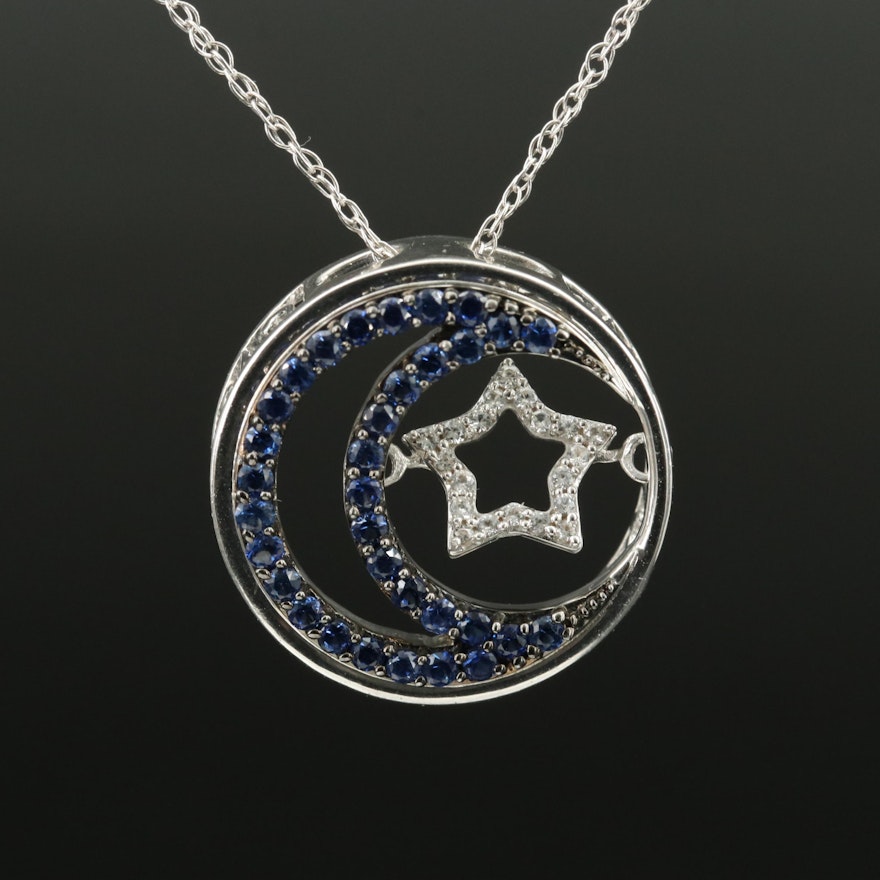 Sterling Sapphire and White Sapphire Crescent and Articulated Star Necklace