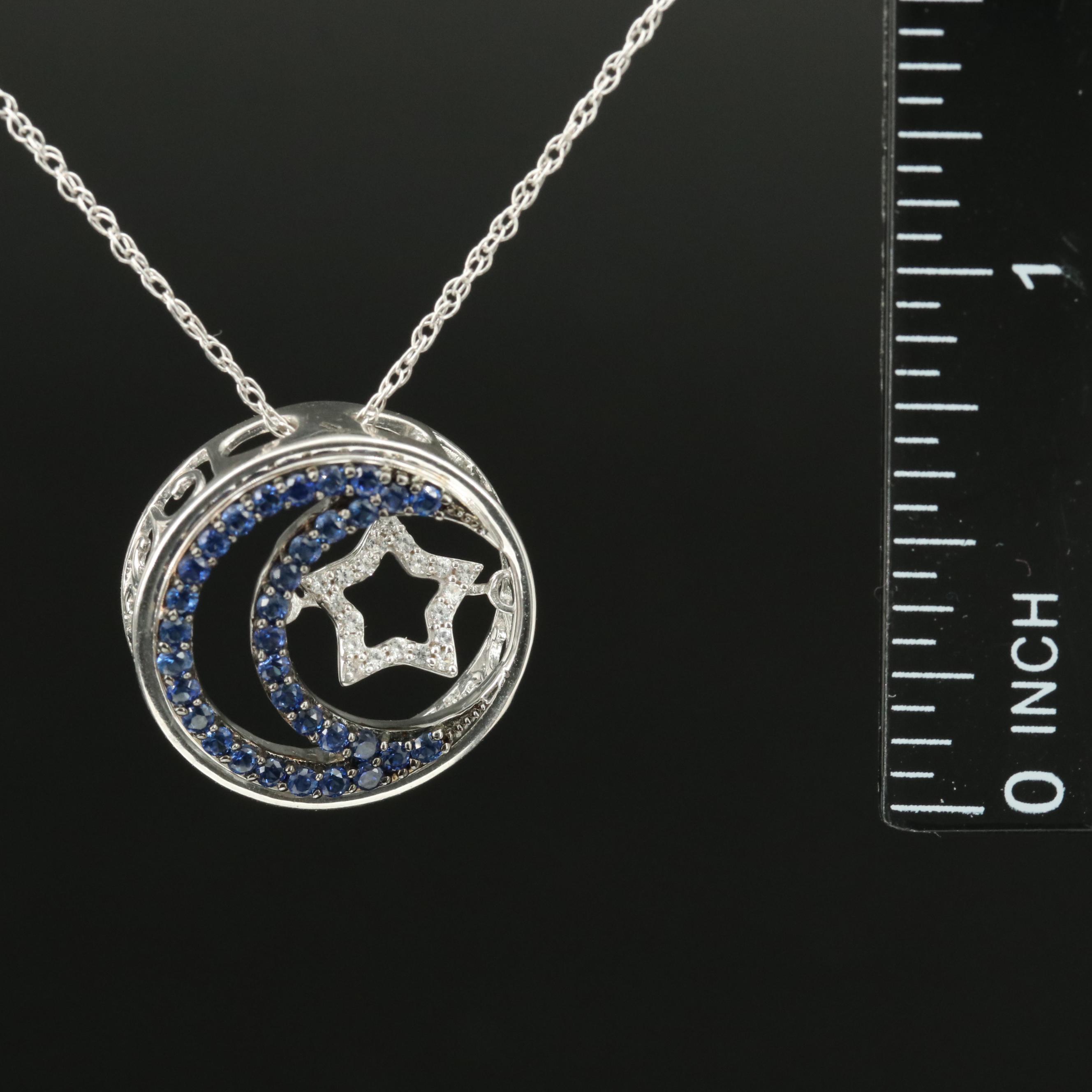 Sterling Sapphire and White Sapphire Crescent and Articulated Star Necklace
