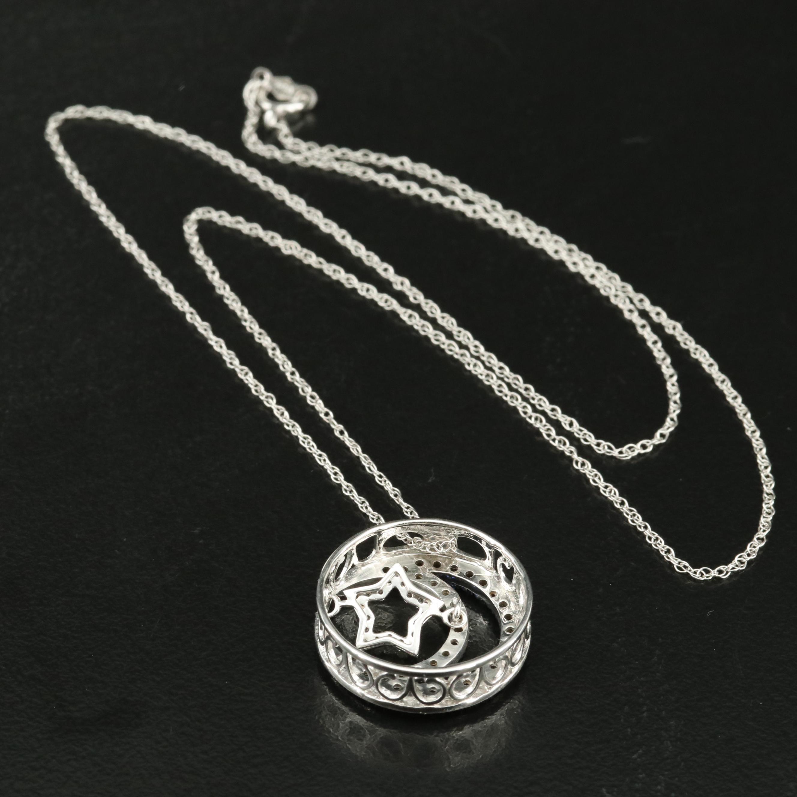 Sterling Sapphire and White Sapphire Crescent and Articulated Star Necklace