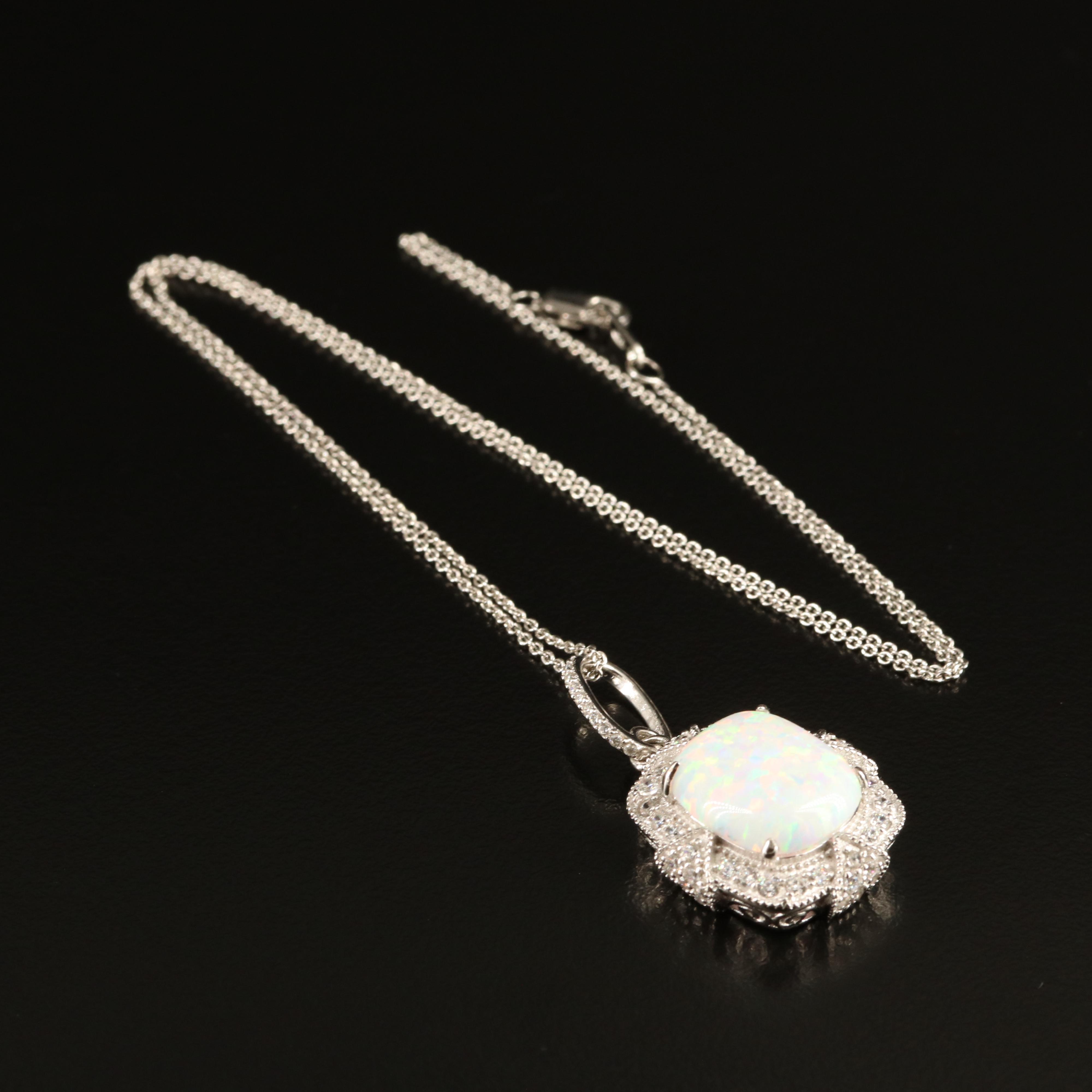 Sterling Opal and Cubic Zirconia Pendant Necklace