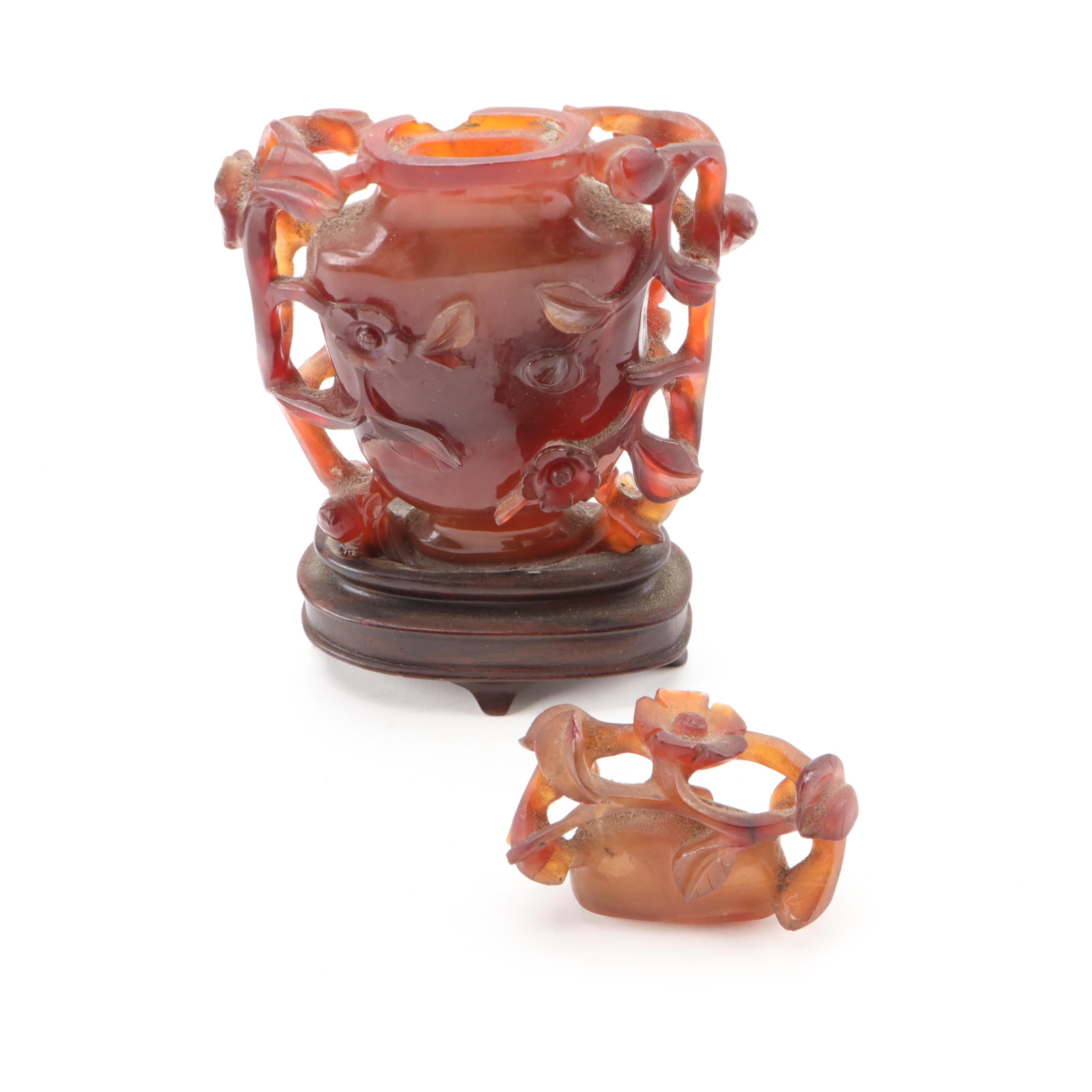 Chinese Floral Open-Work Carved Agate Bottle on Stand