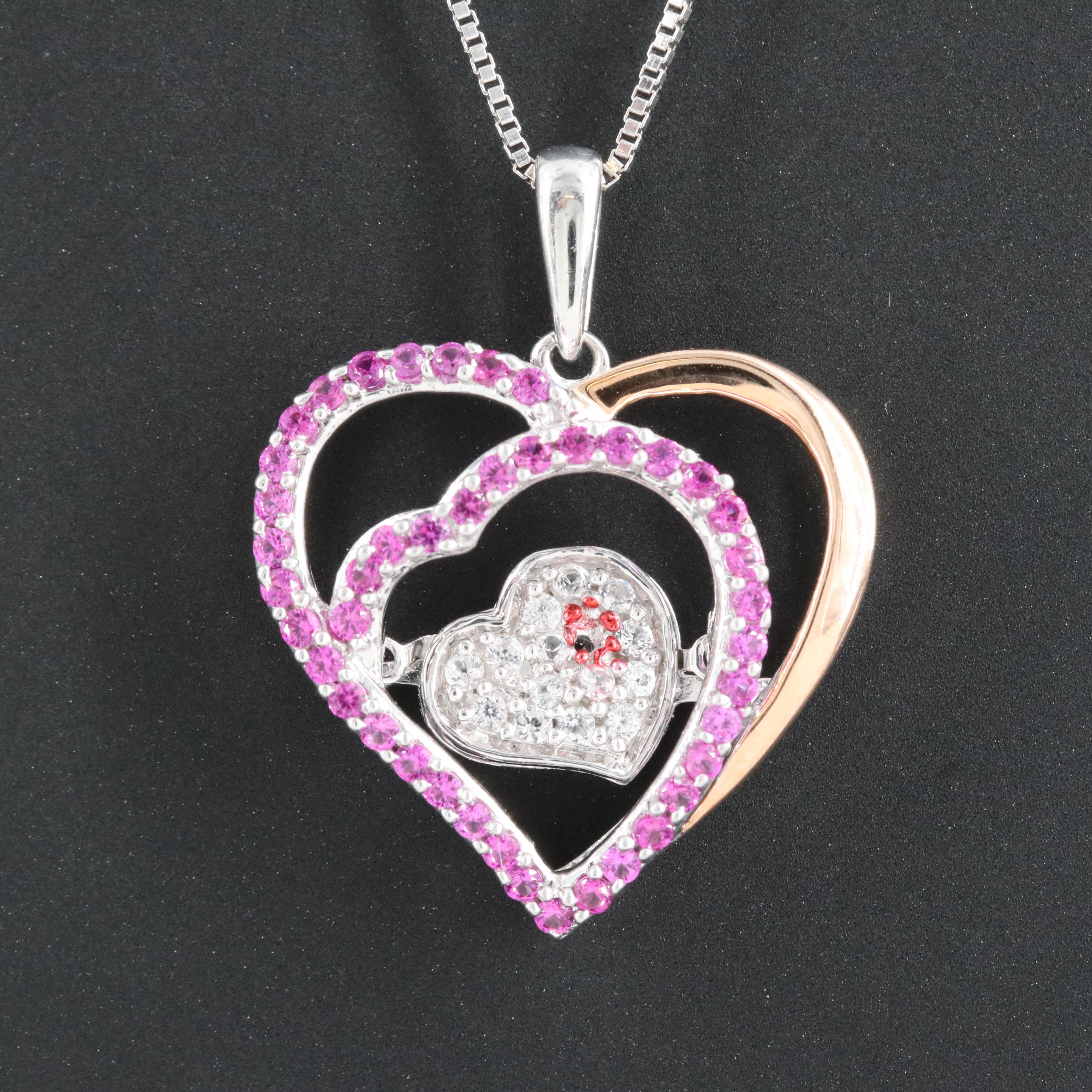 Sterling Ruby and Sapphire Heart Tremble Necklace with 10K Rose Gold Accents