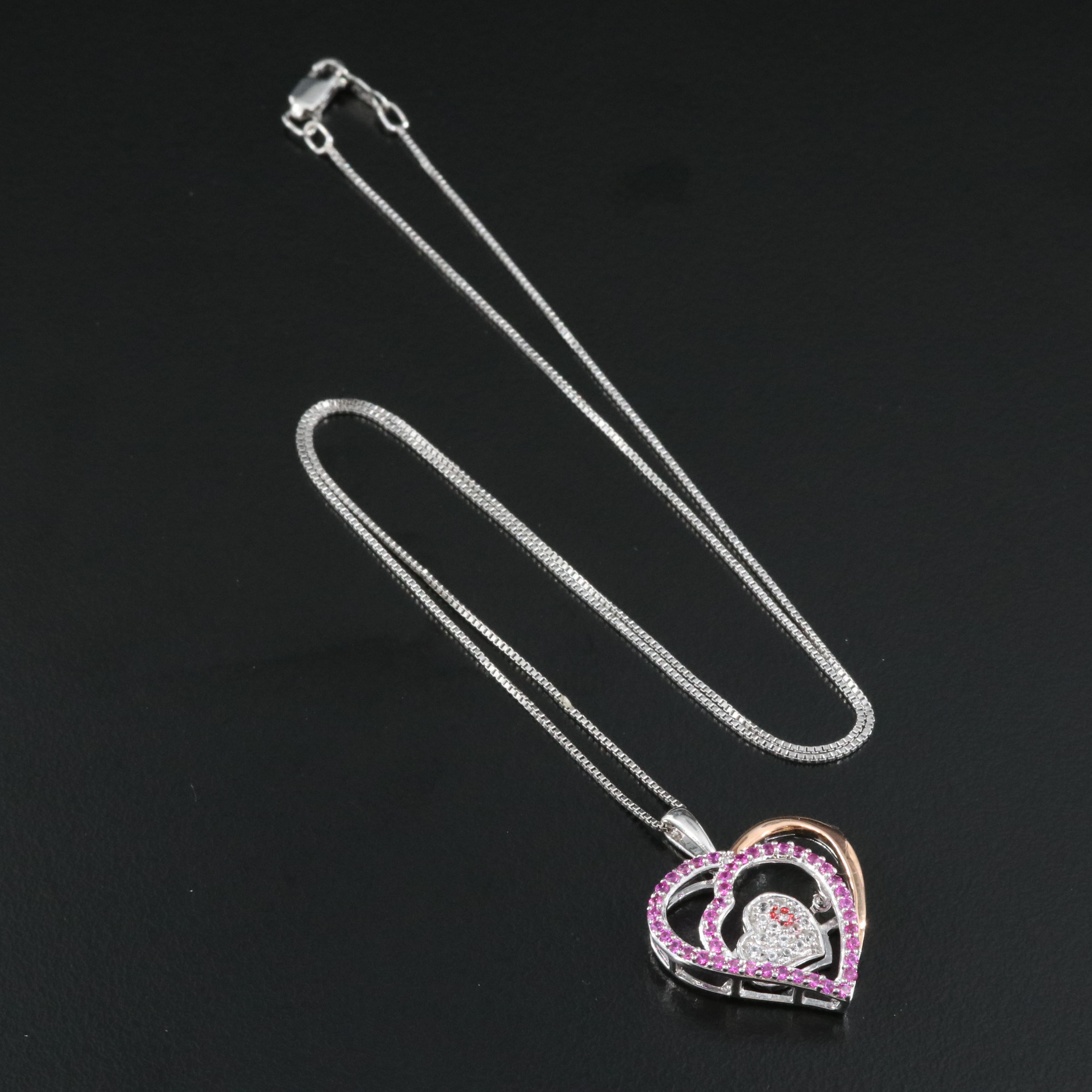 Sterling Ruby and Sapphire Heart Tremble Necklace with 10K Rose Gold Accents