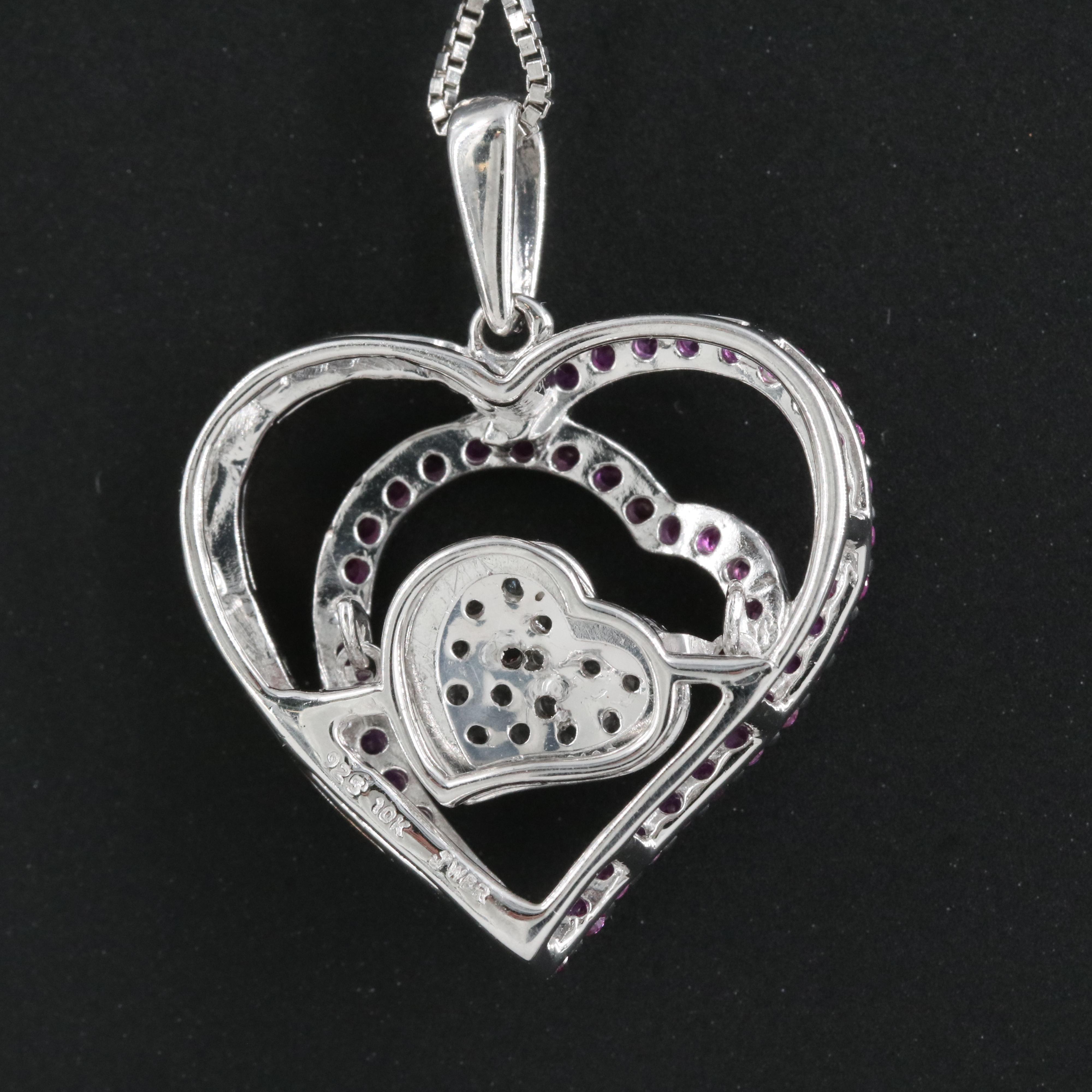 Sterling Ruby and Sapphire Heart Tremble Necklace with 10K Rose Gold Accents