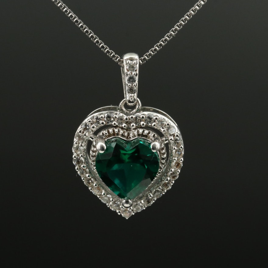 Sterling Emerald and White Sapphire Heart Halo Pendant Necklace