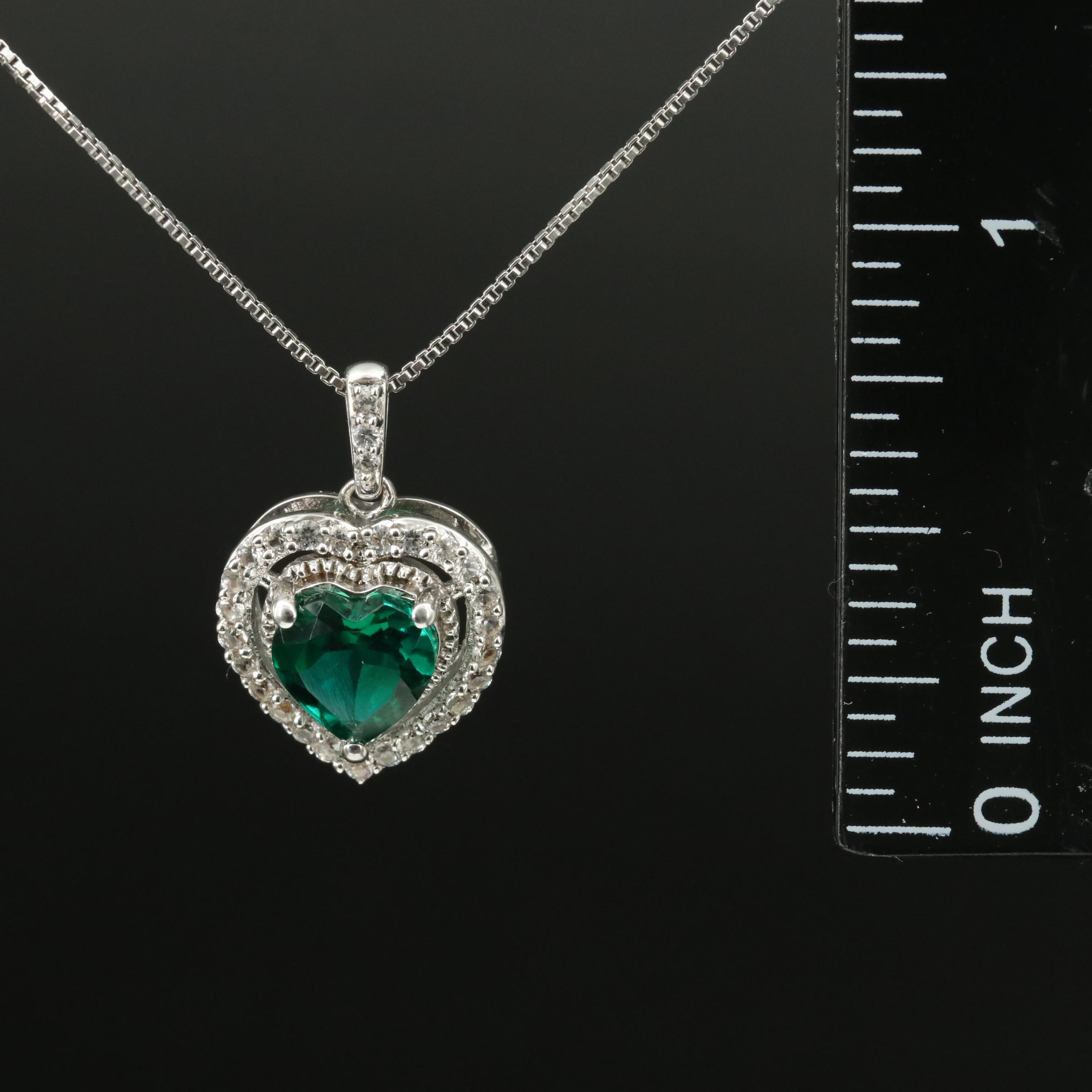 Sterling Emerald and White Sapphire Heart Halo Pendant Necklace