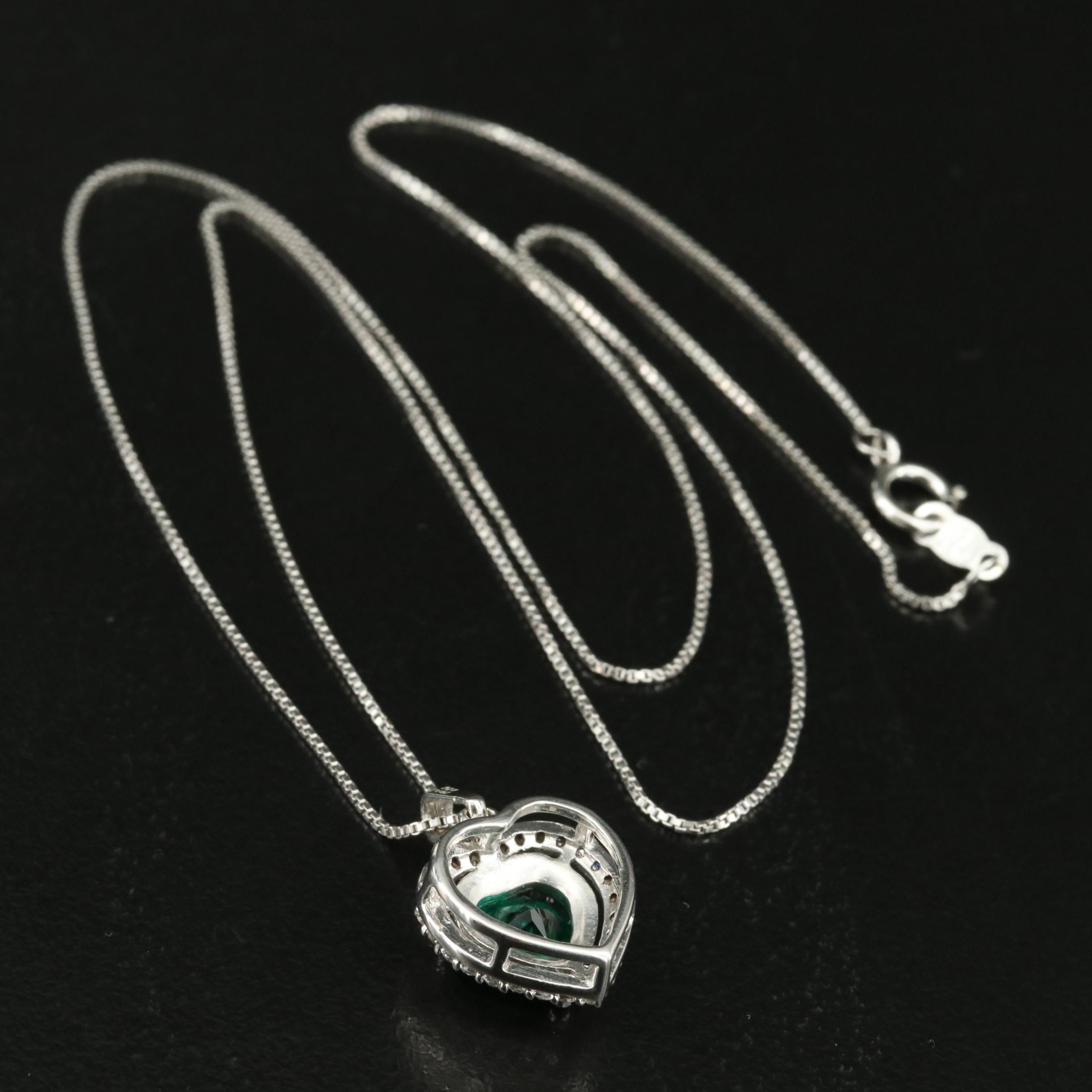 Sterling Emerald and White Sapphire Heart Halo Pendant Necklace