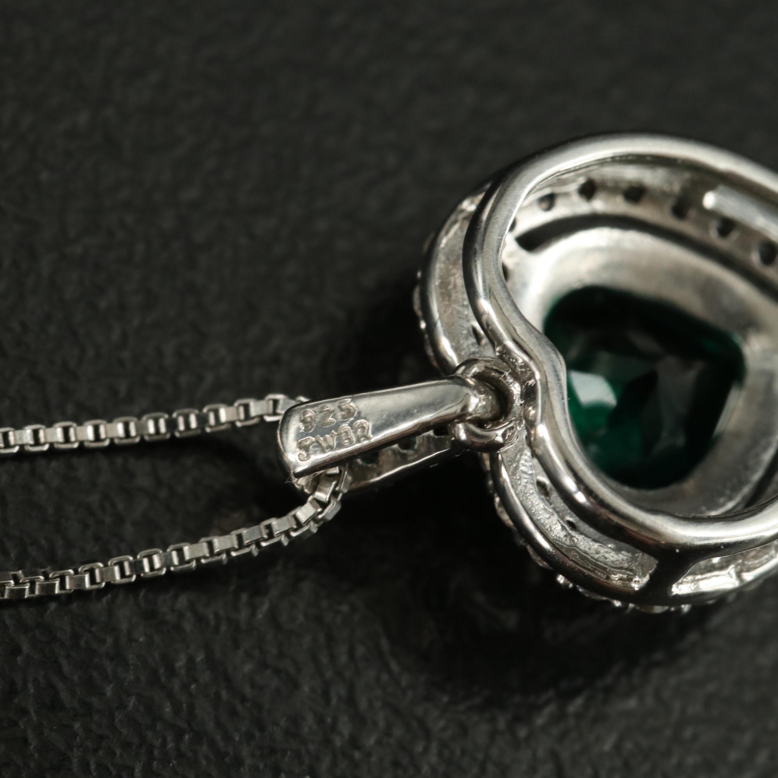 Sterling Emerald and White Sapphire Heart Halo Pendant Necklace