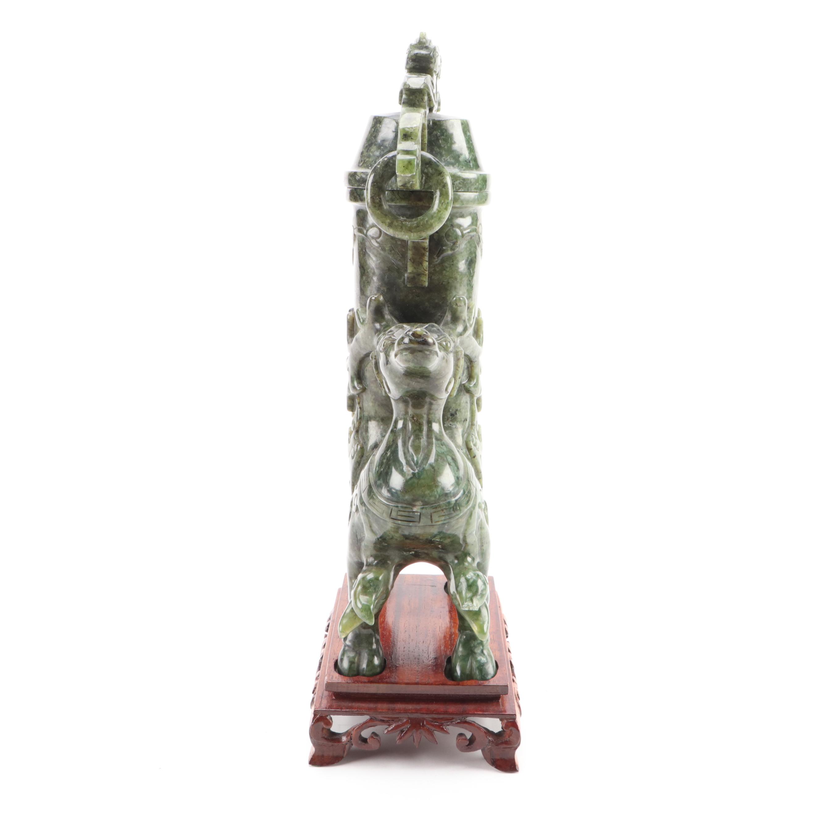 Chinese Carved Serpentine Covered Censer with Deer and Ring Handles