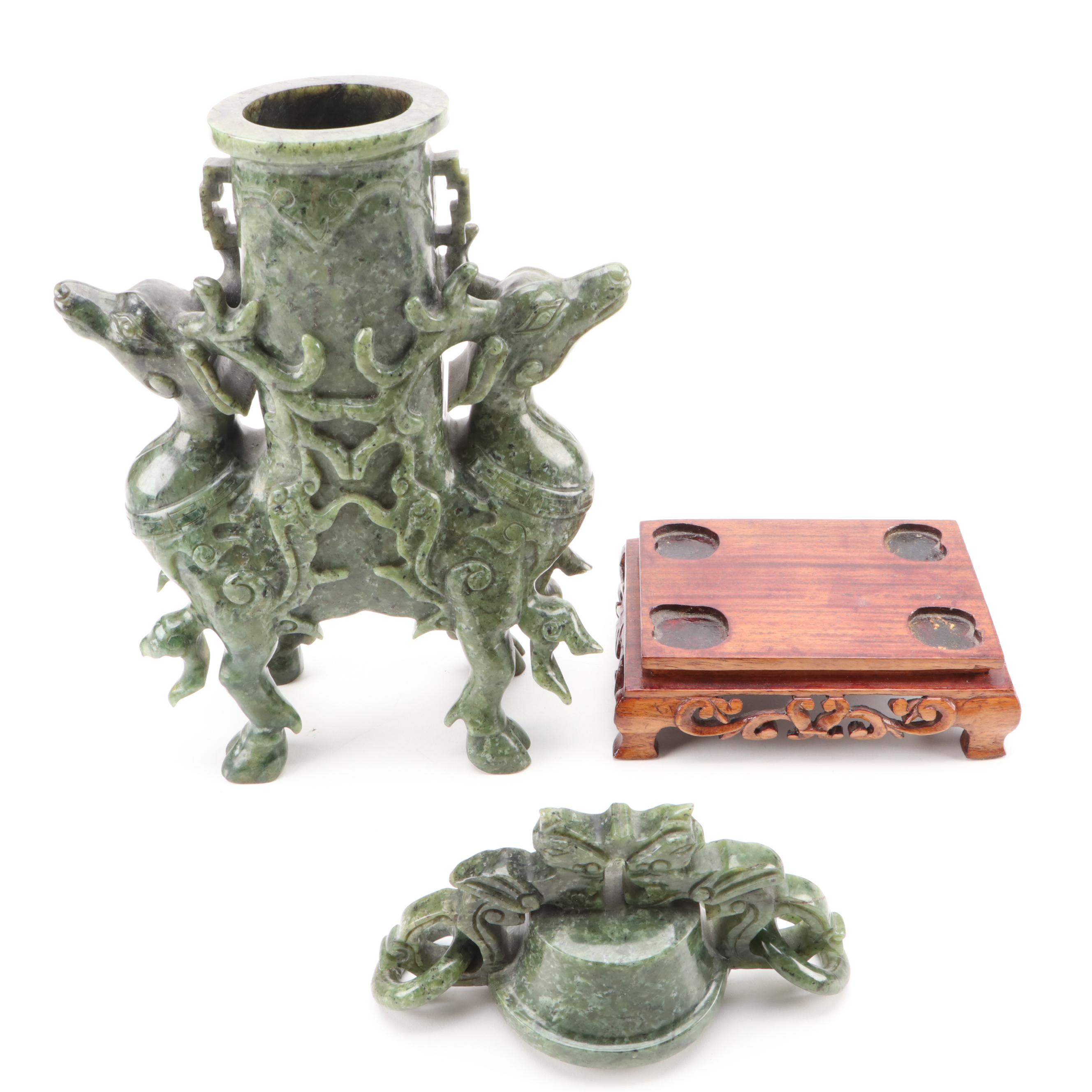 Chinese Carved Serpentine Covered Censer with Deer and Ring Handles