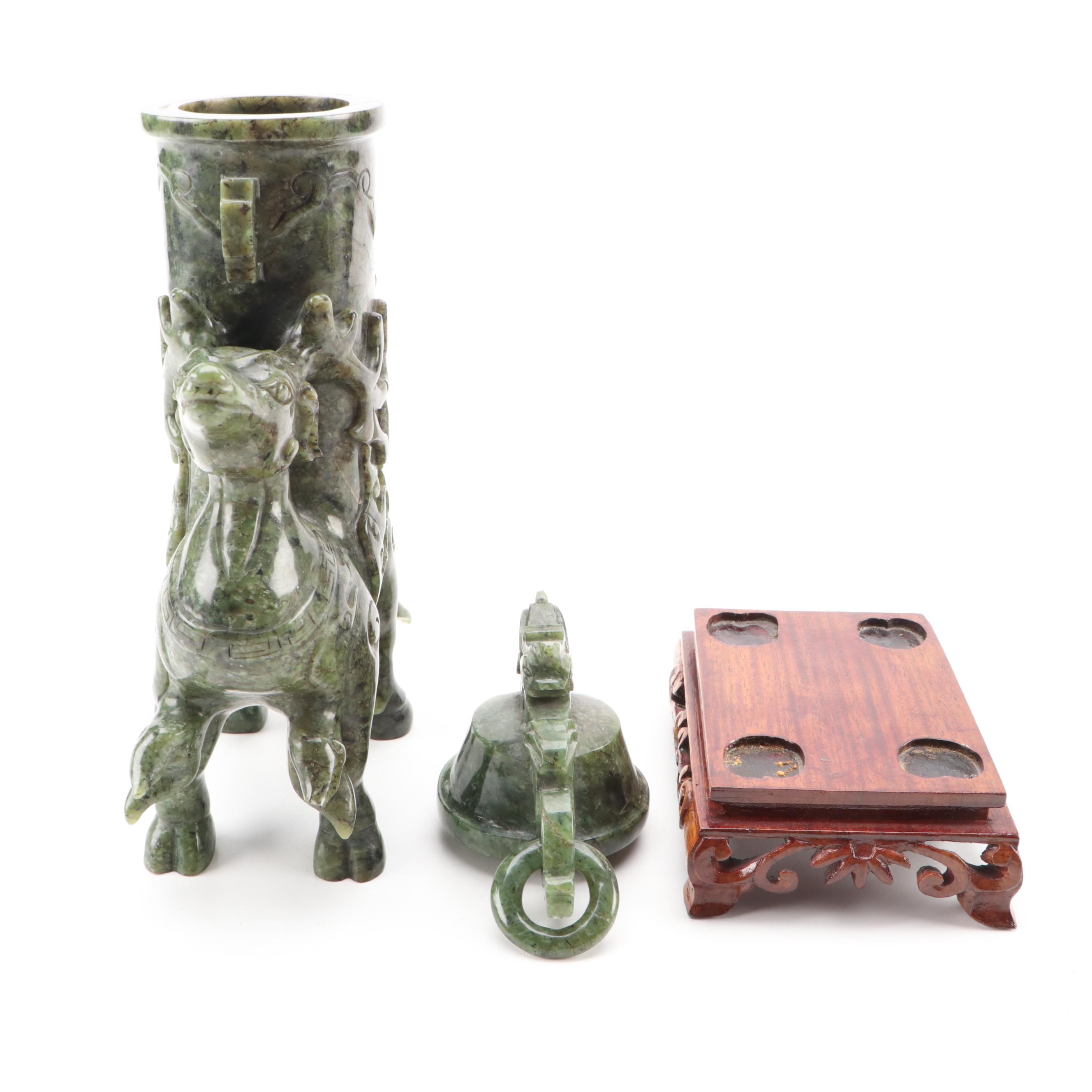 Chinese Carved Serpentine Covered Censer with Deer and Ring Handles