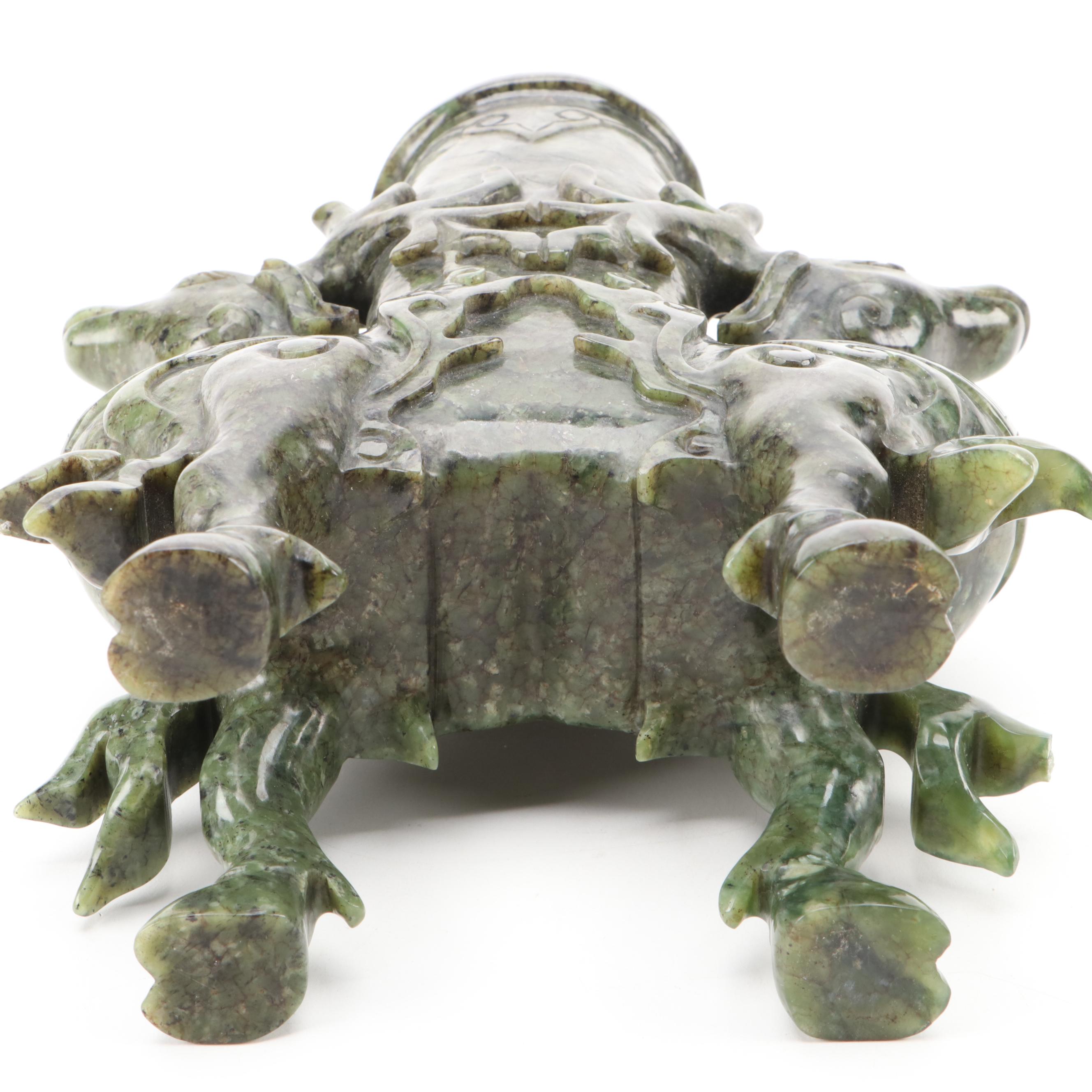 Chinese Carved Serpentine Covered Censer with Deer and Ring Handles