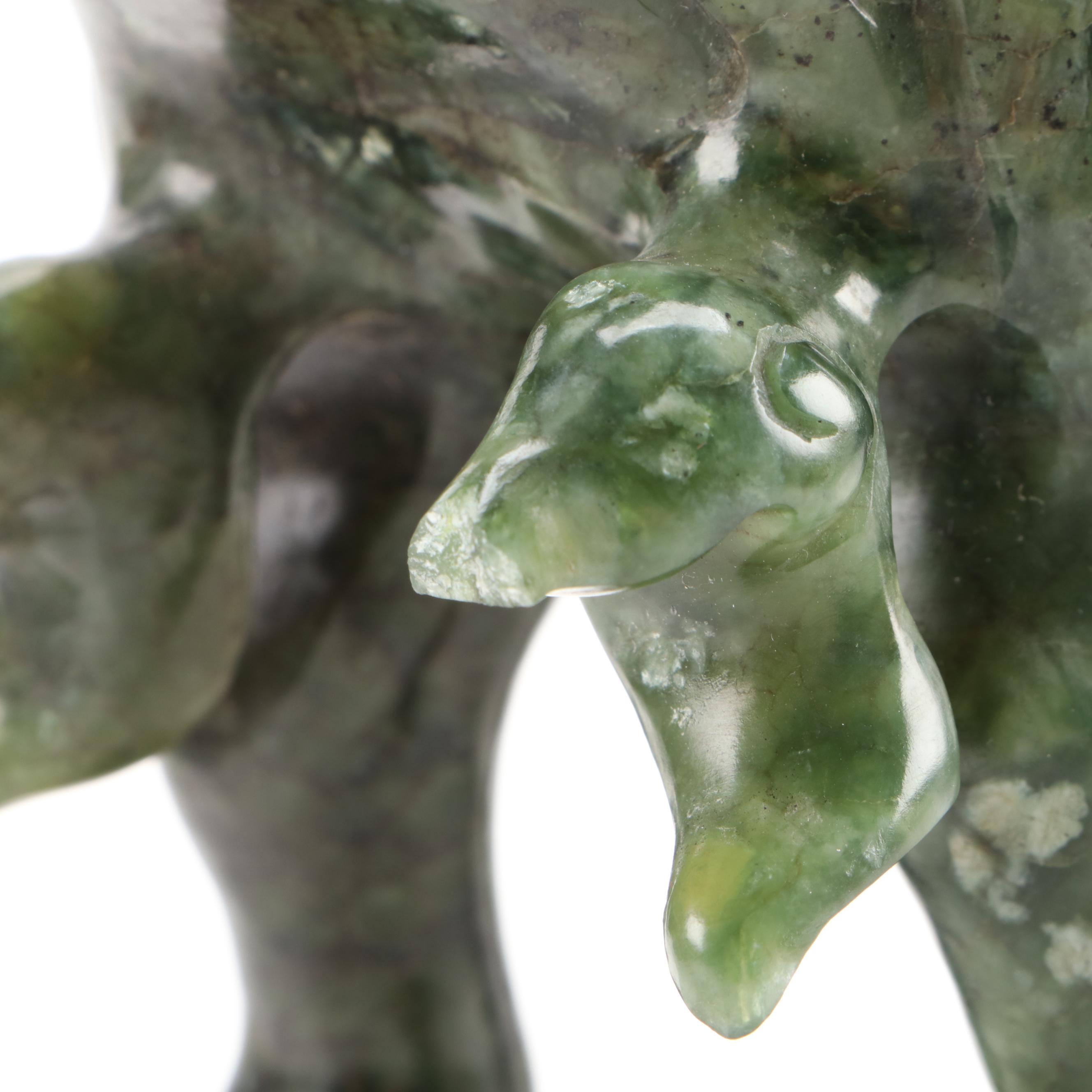 Chinese Carved Serpentine Covered Censer with Deer and Ring Handles