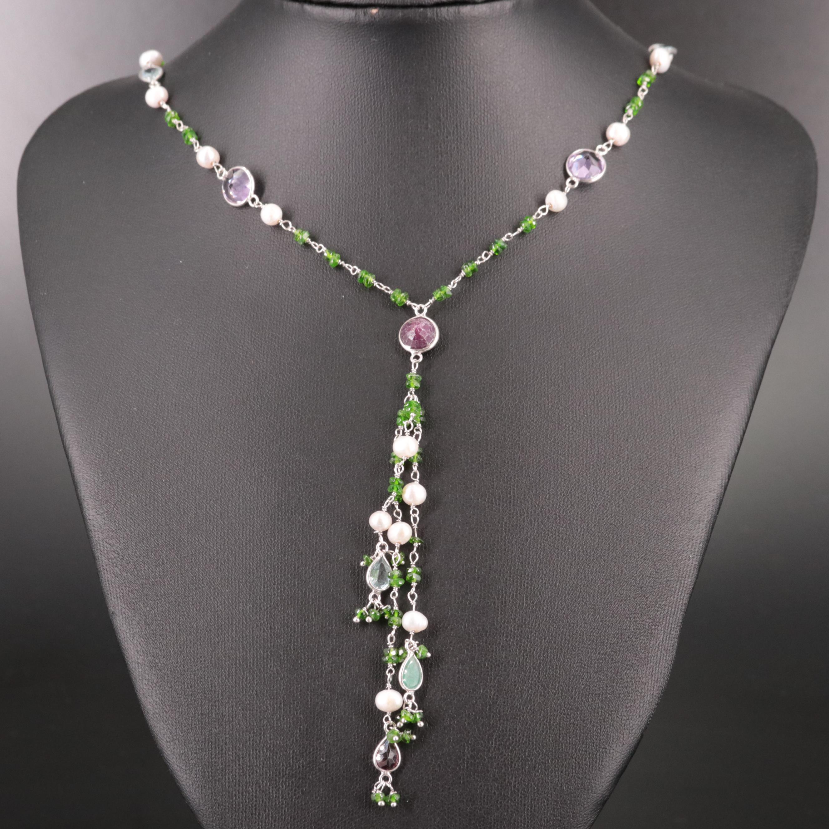 Sterling Diopside, Cultured Pearl, Amethyst, and Addition Gemstone Necklace