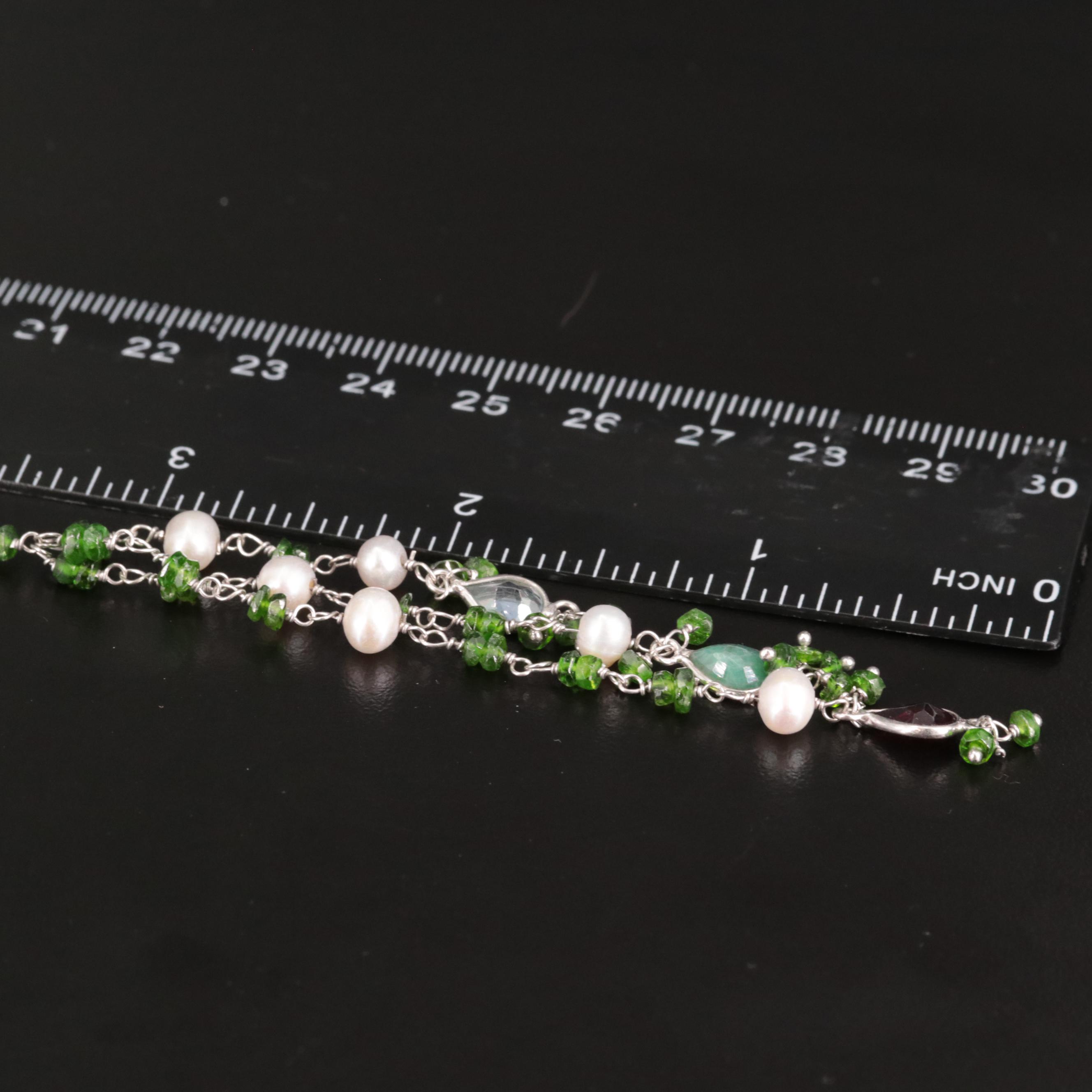 Sterling Diopside, Cultured Pearl, Amethyst, and Addition Gemstone Necklace