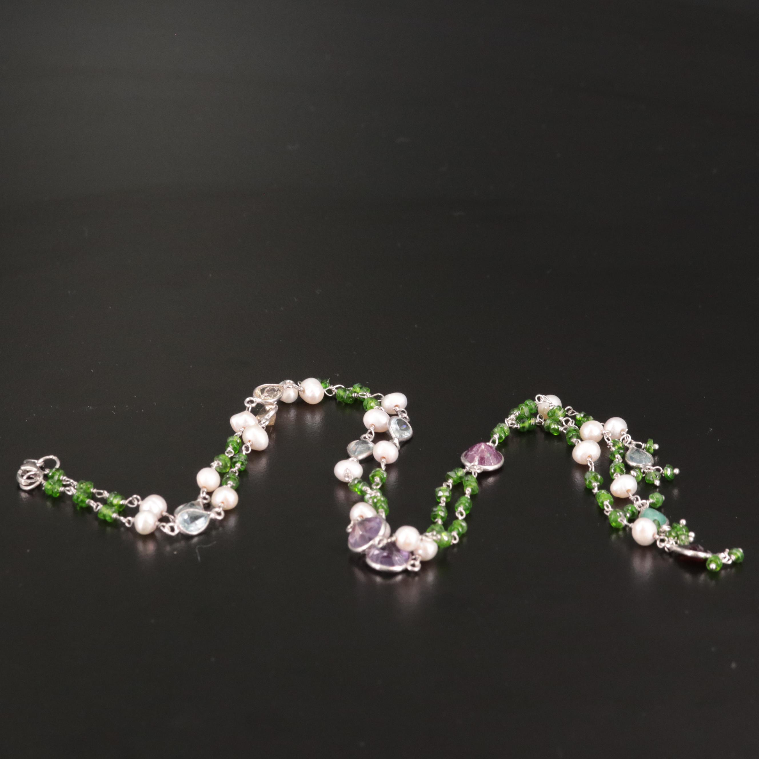 Sterling Diopside, Cultured Pearl, Amethyst, and Addition Gemstone Necklace