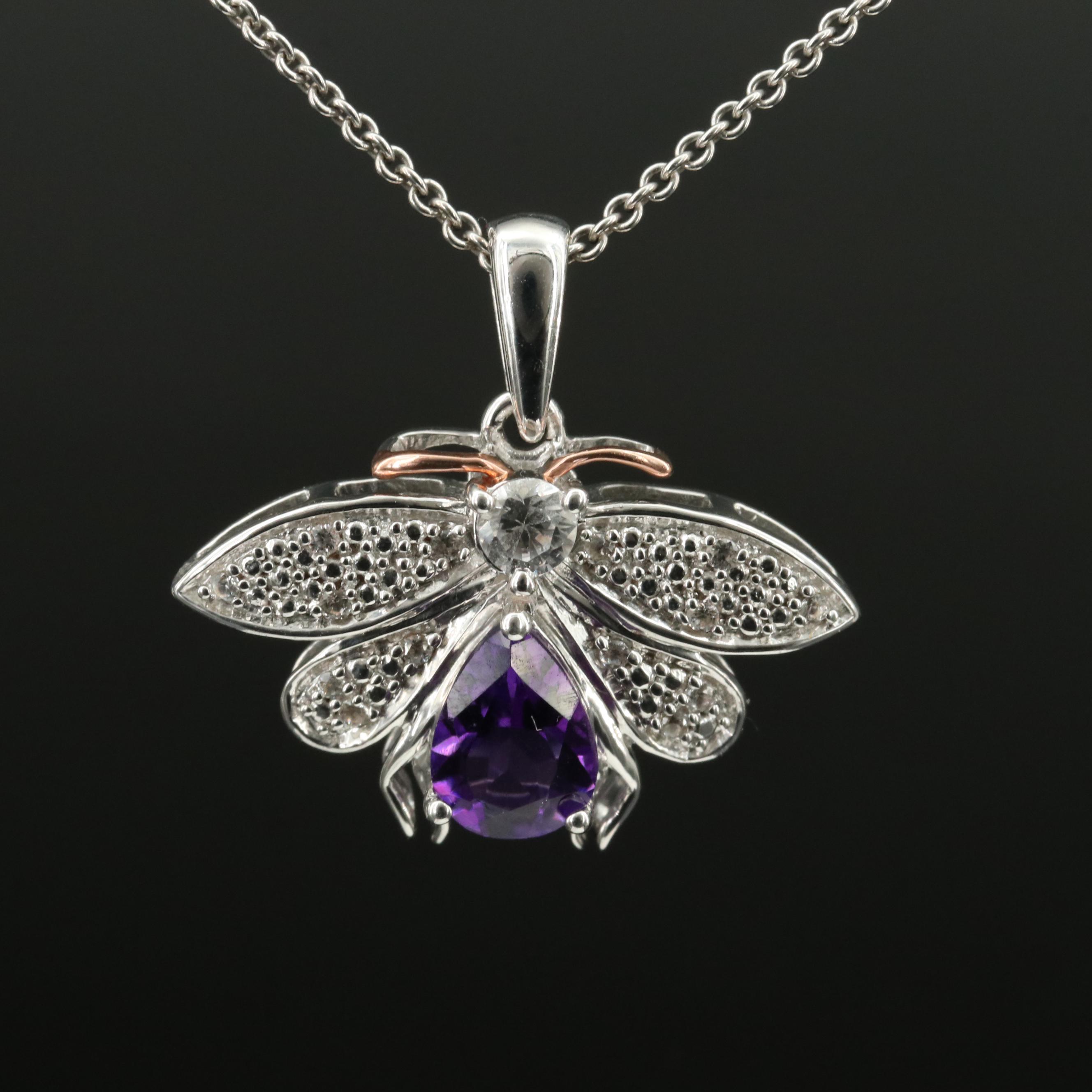 Sterling Amethyst and Sapphire Insect Pendant Necklace