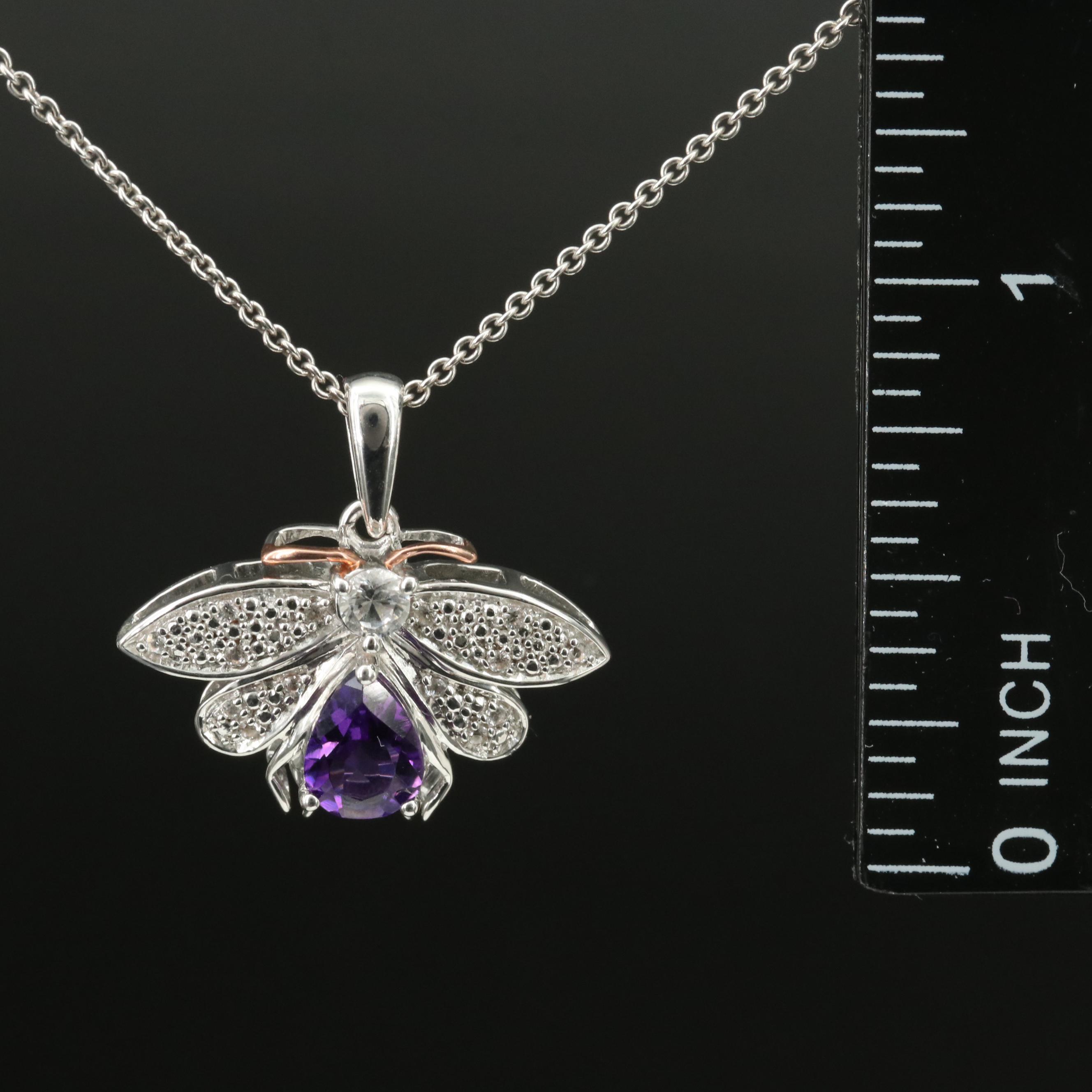 Sterling Amethyst and Sapphire Insect Pendant Necklace