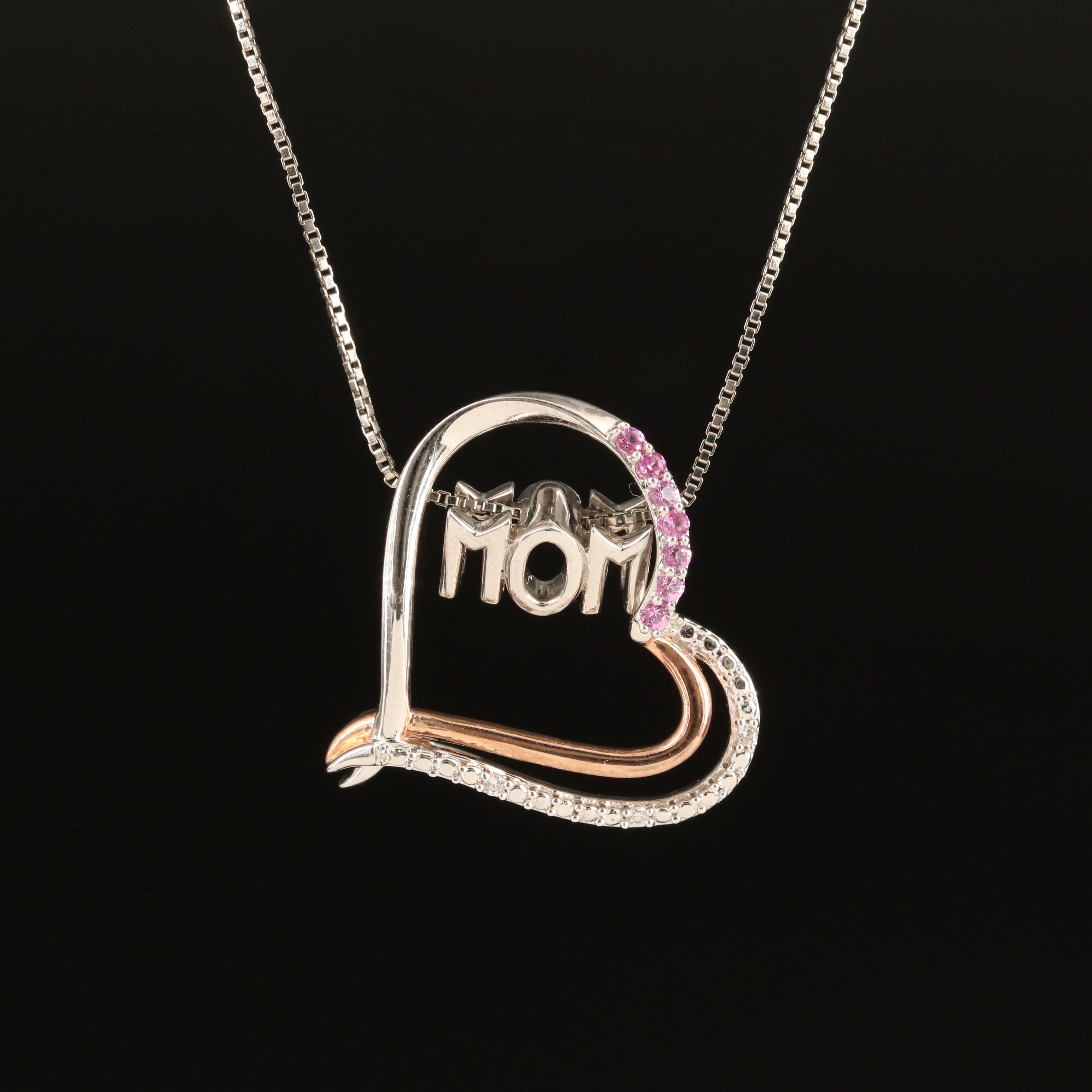 Sterling Sapphire and White Sapphire "Mom" Heart Necklace