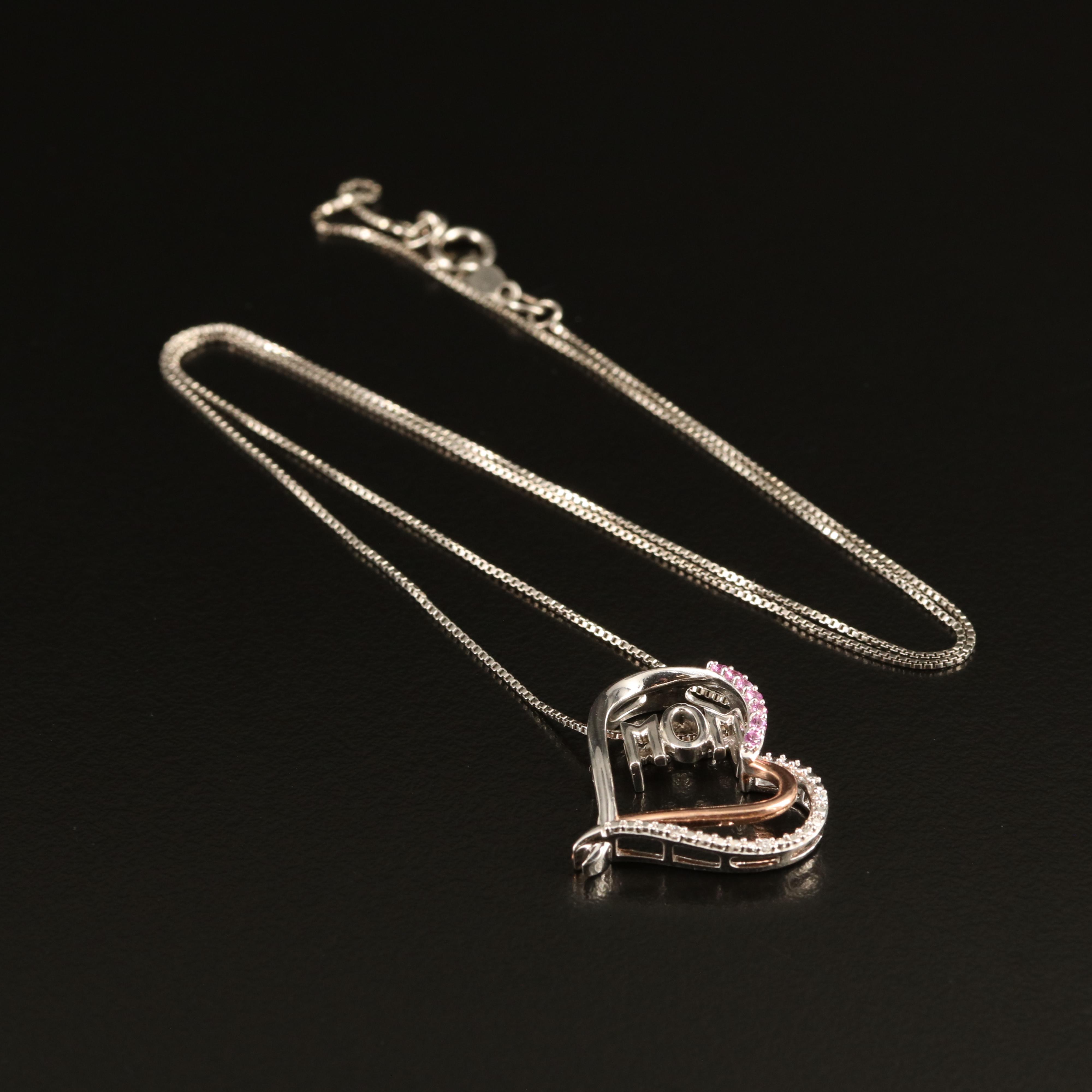 Sterling Sapphire and White Sapphire "Mom" Heart Necklace