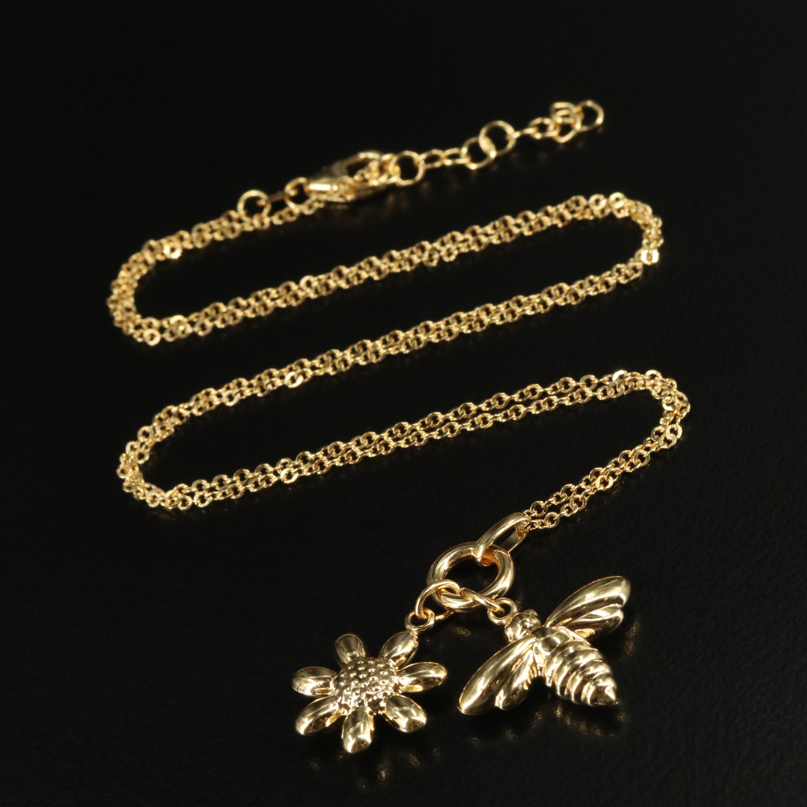 14K Bee and Flower Pendant Necklace