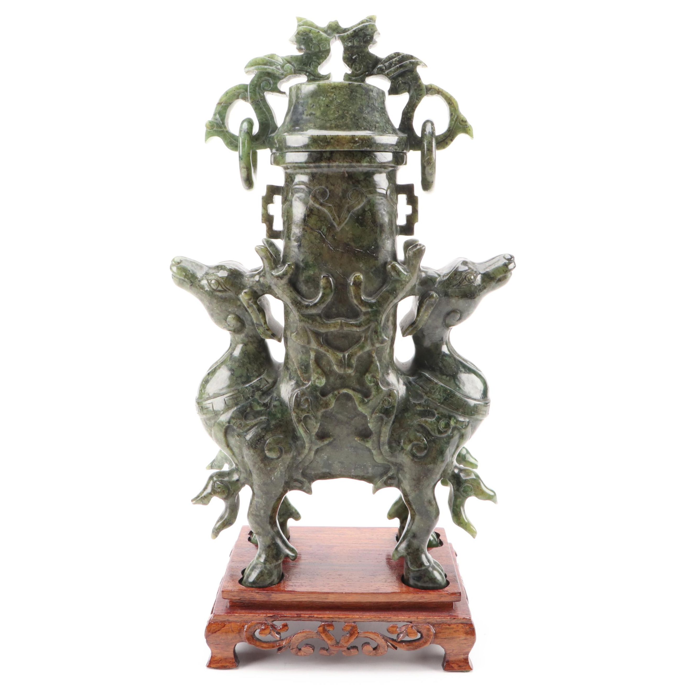 Chinese Carved Serpentine Covered Censer with Deer and Ring Handles